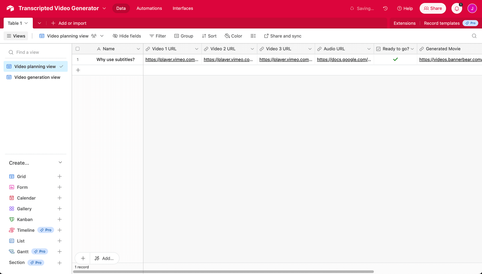 Screenshot of Airtable base video planning view