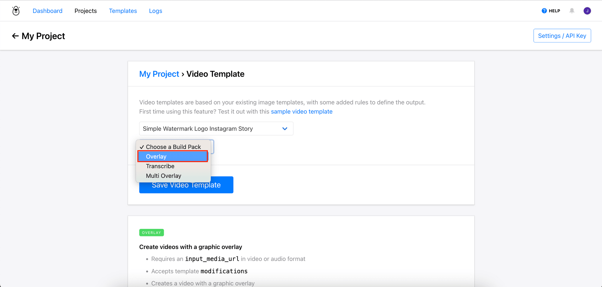 Choosing the "overlay" buildpack for the video template.png