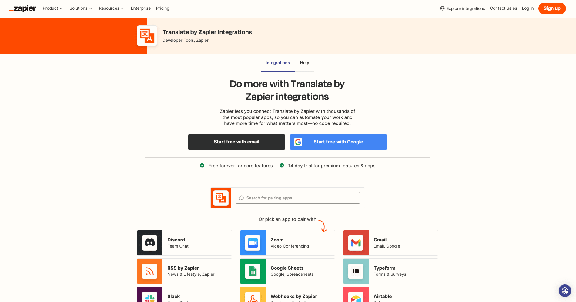 Screenshot of Translate by Zapier integration overview page