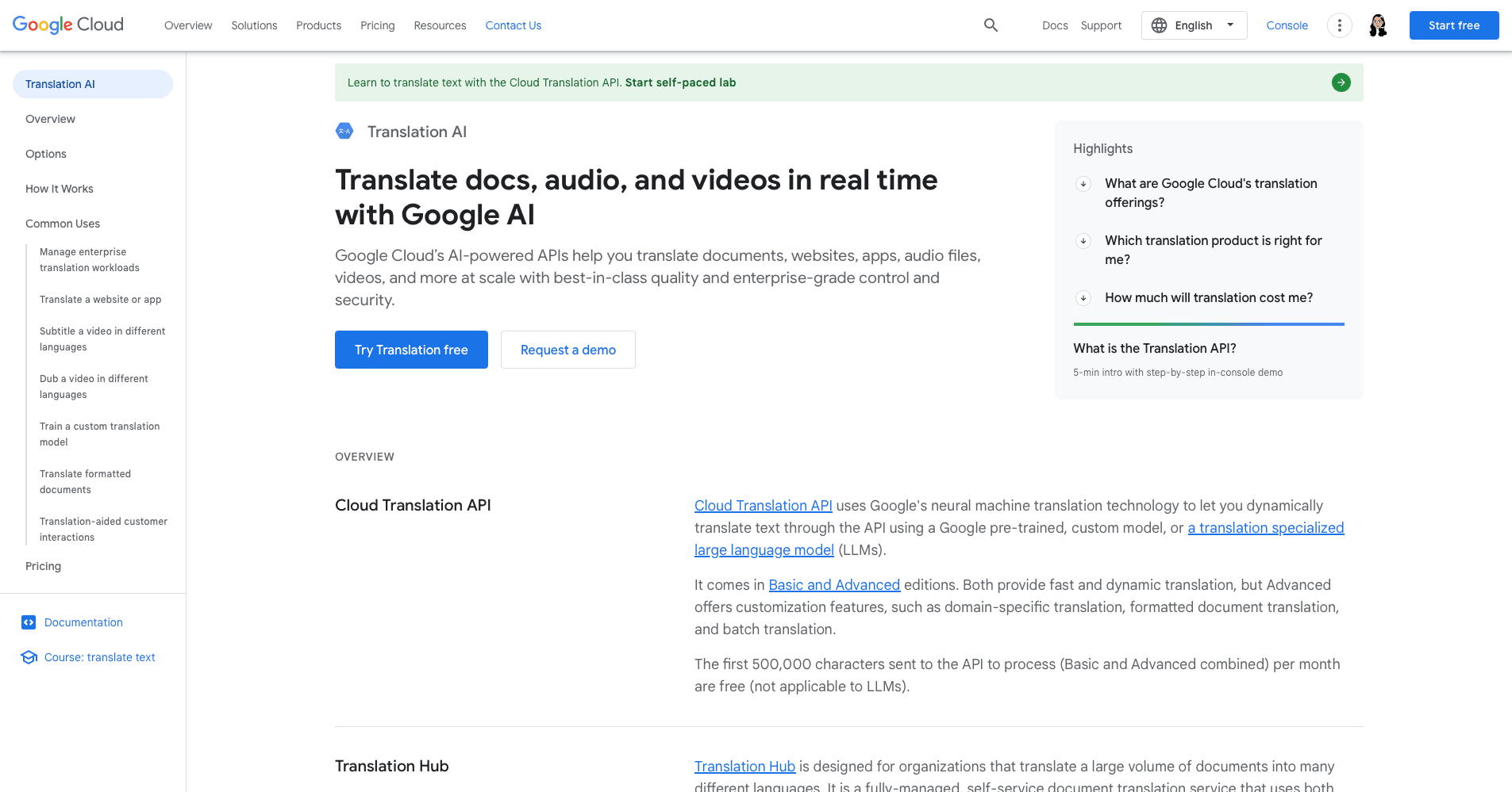 Screenshot of Google Cloud Translation AI overview page