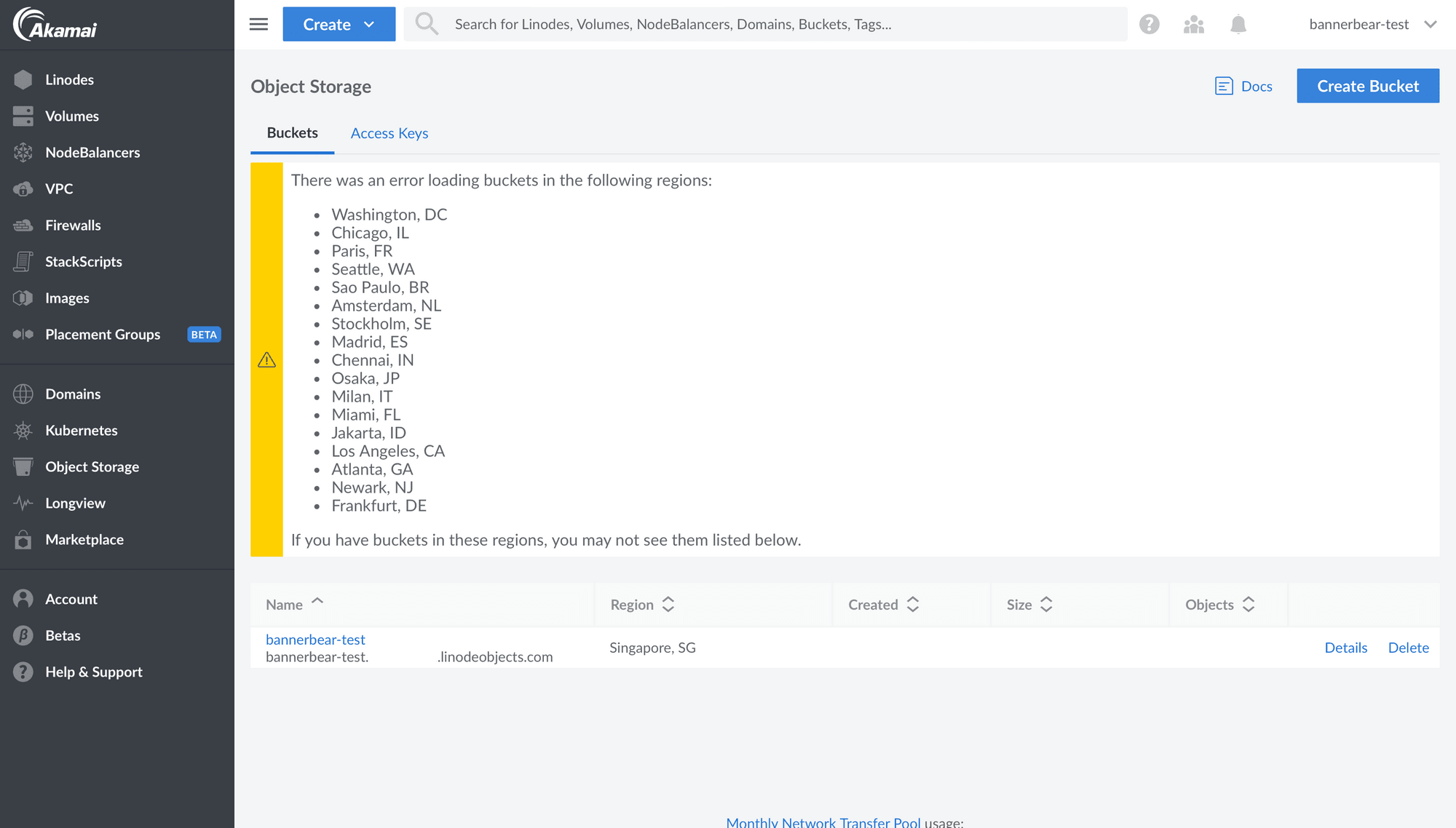 Screenshot of Akamai Object Storage web app