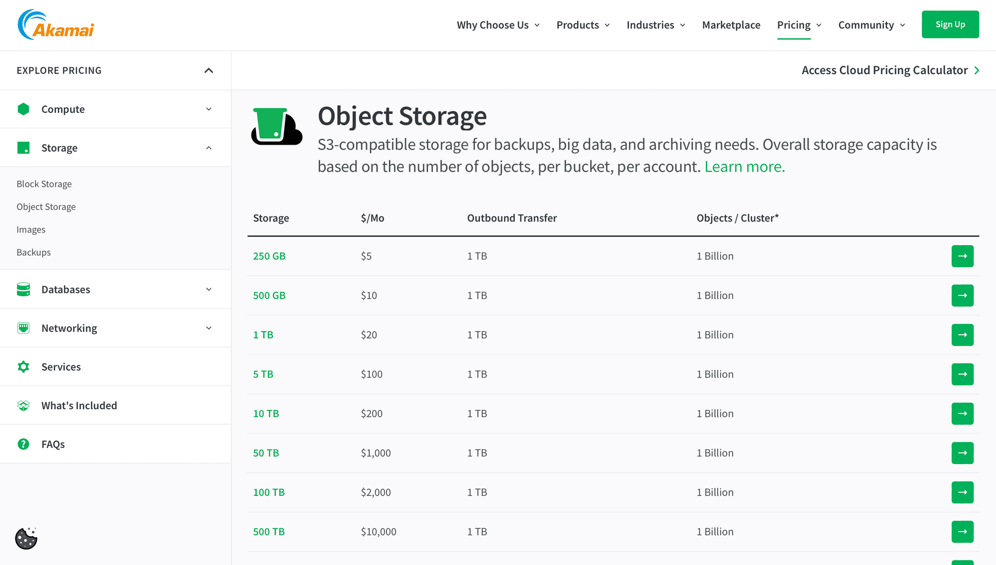 Screenshot of Akamai Object Storage pricing page