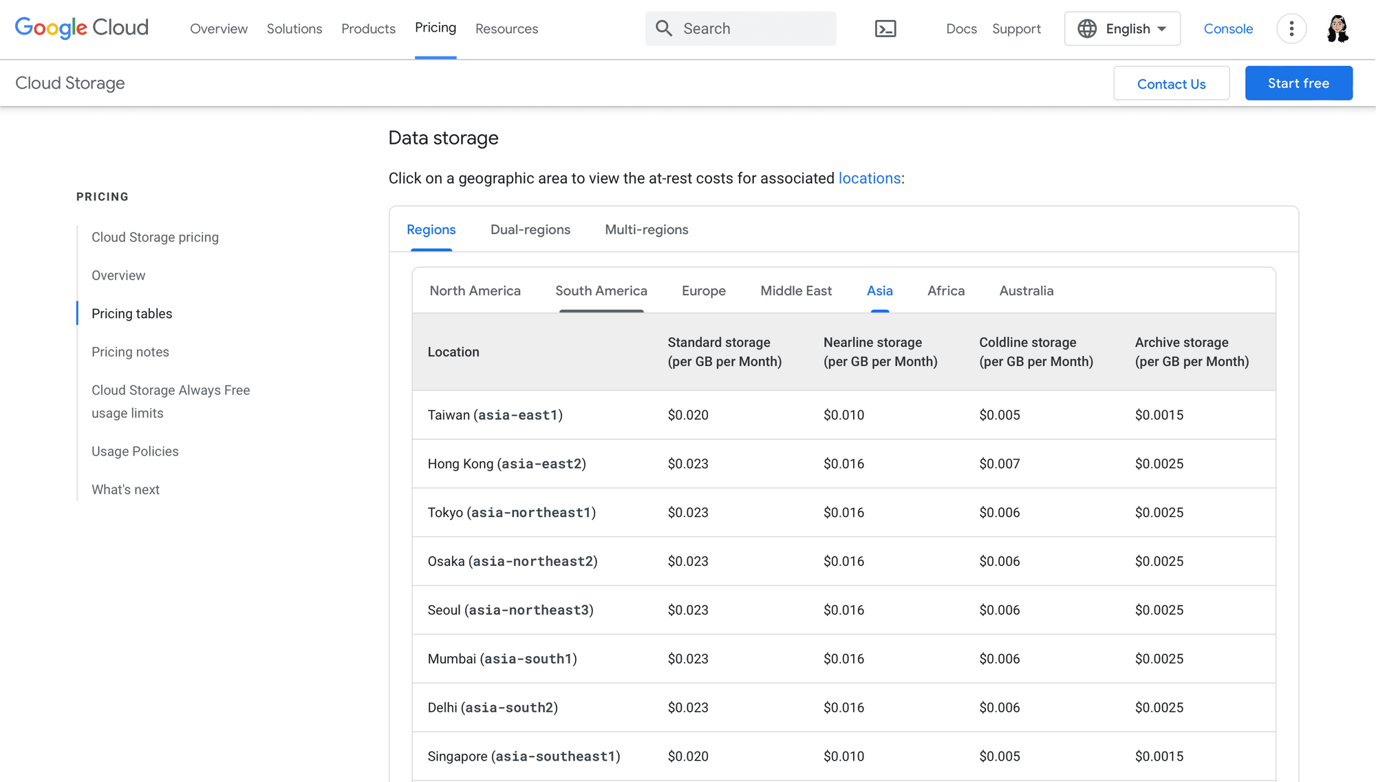 Screenshot of Google Cloud Storage pricing page