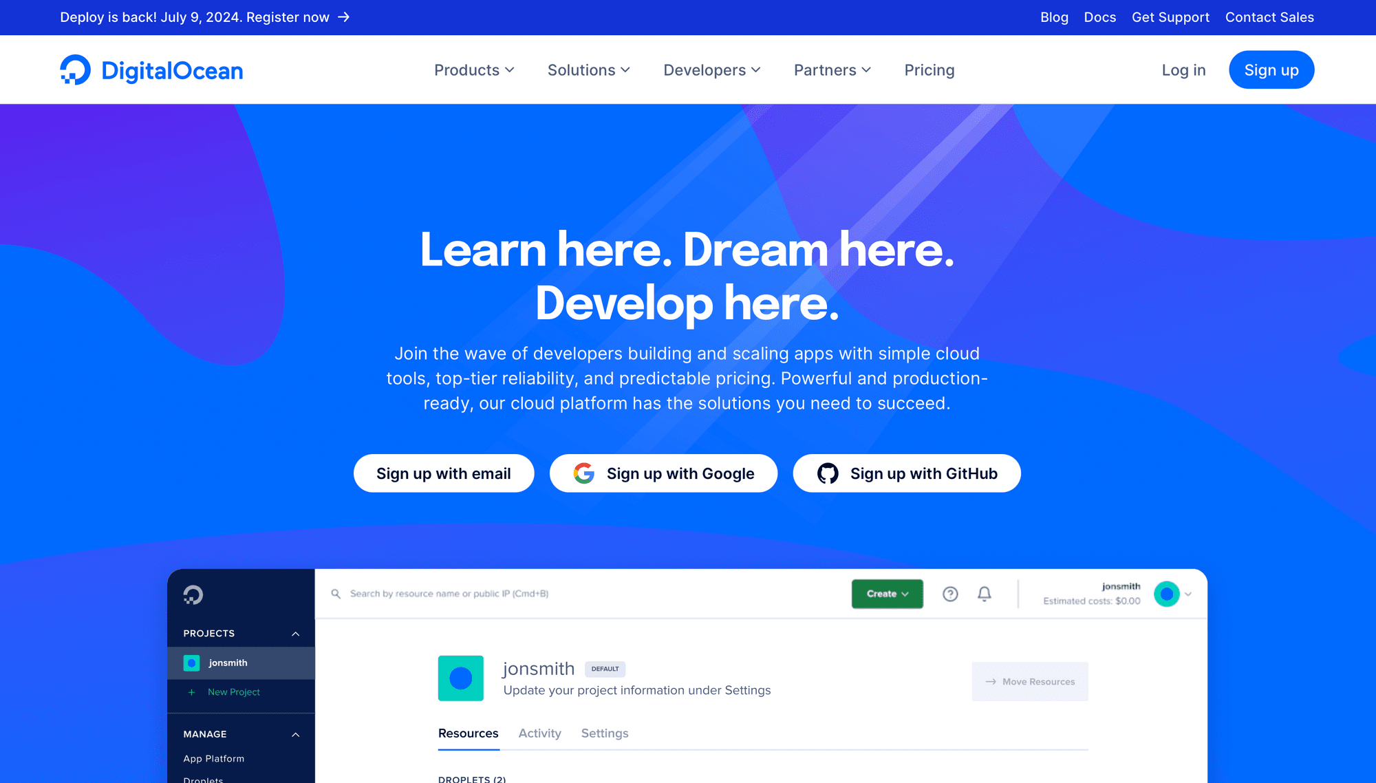 Screenshot of DigitalOcean marketing site