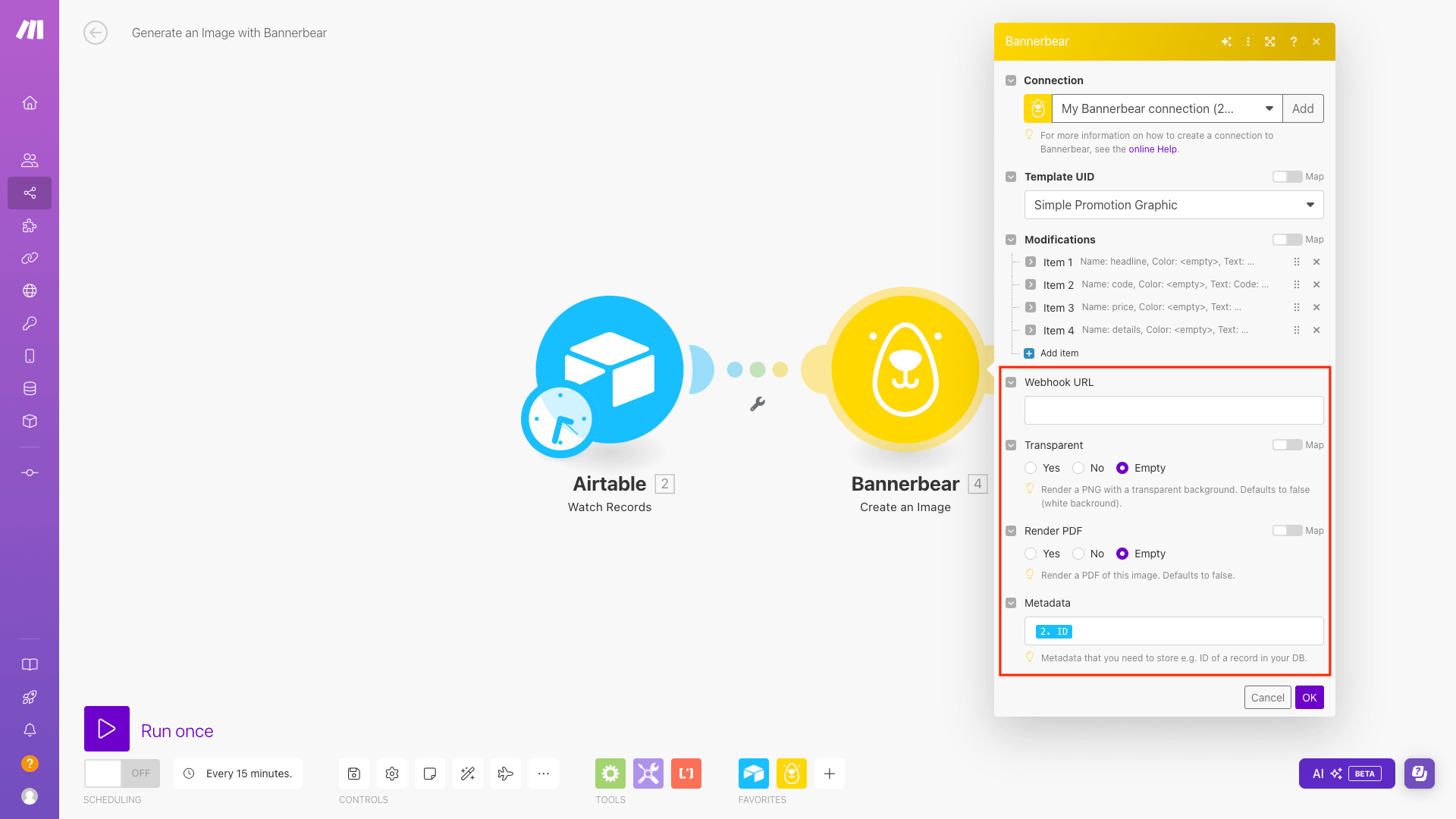 Screenshot of Make scenario editor with Bannerbear additional modifications outlined in red