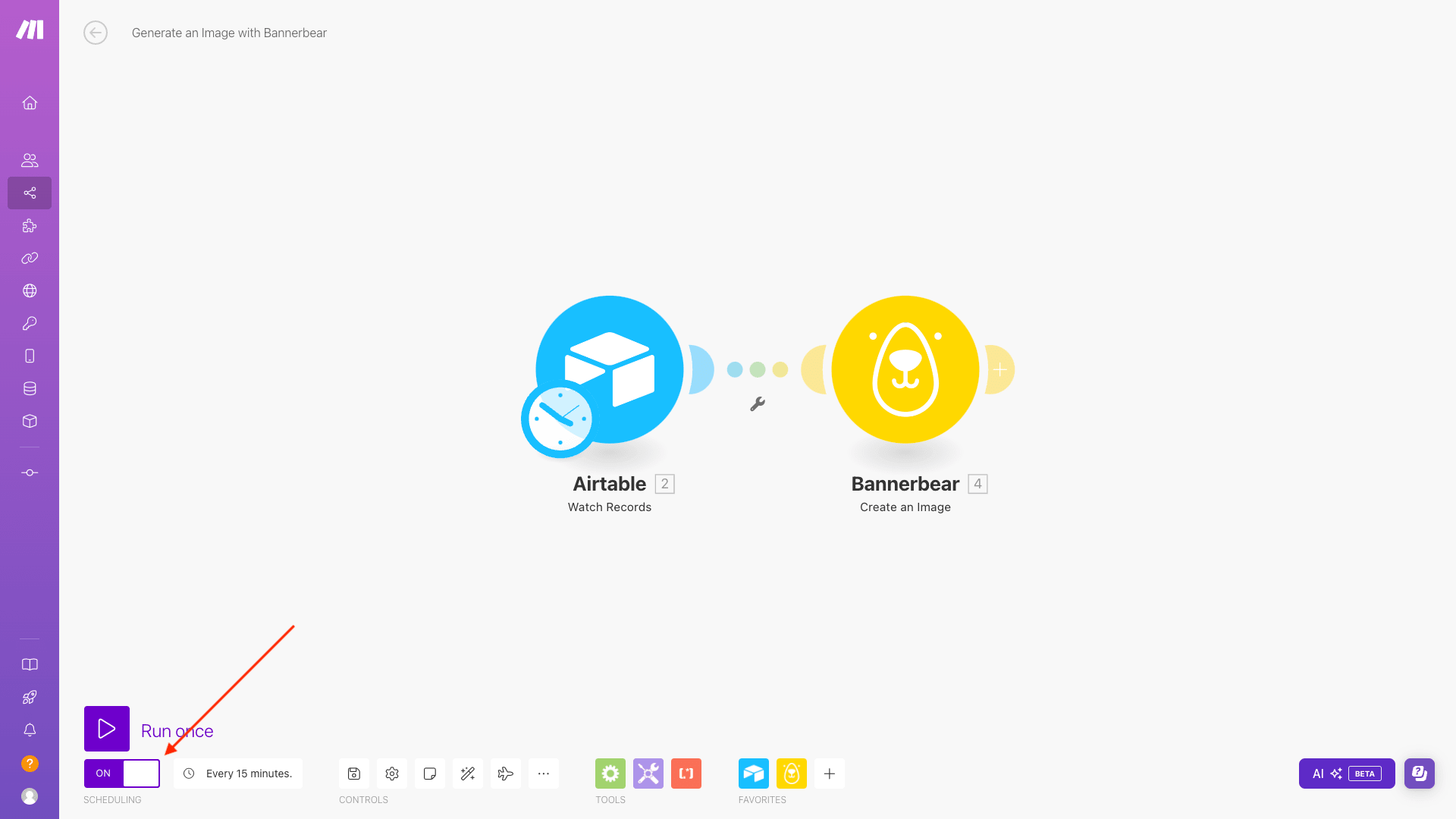 Screenshot of Make scenario with red arrow pointing to scheduling toggle