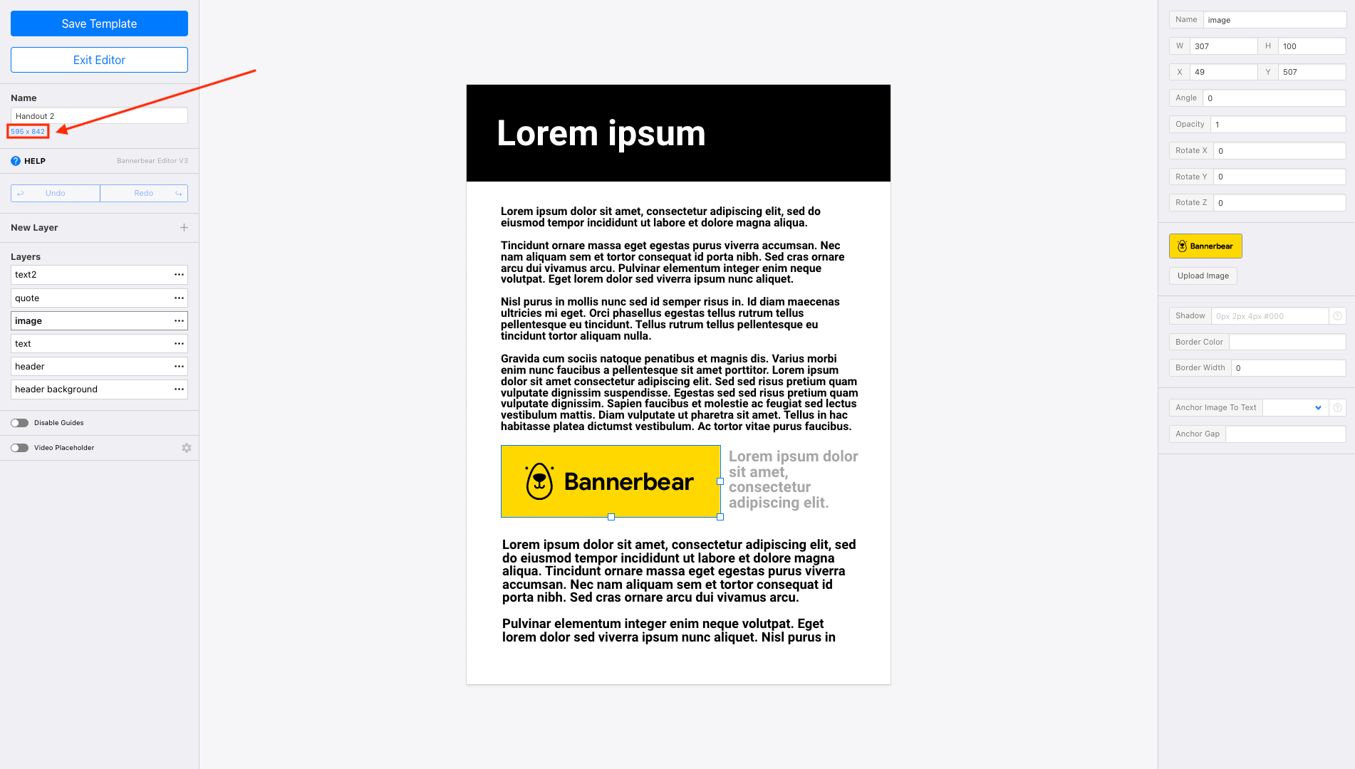 Screenshot of Bannerbear editor with template dimensions outlined in red