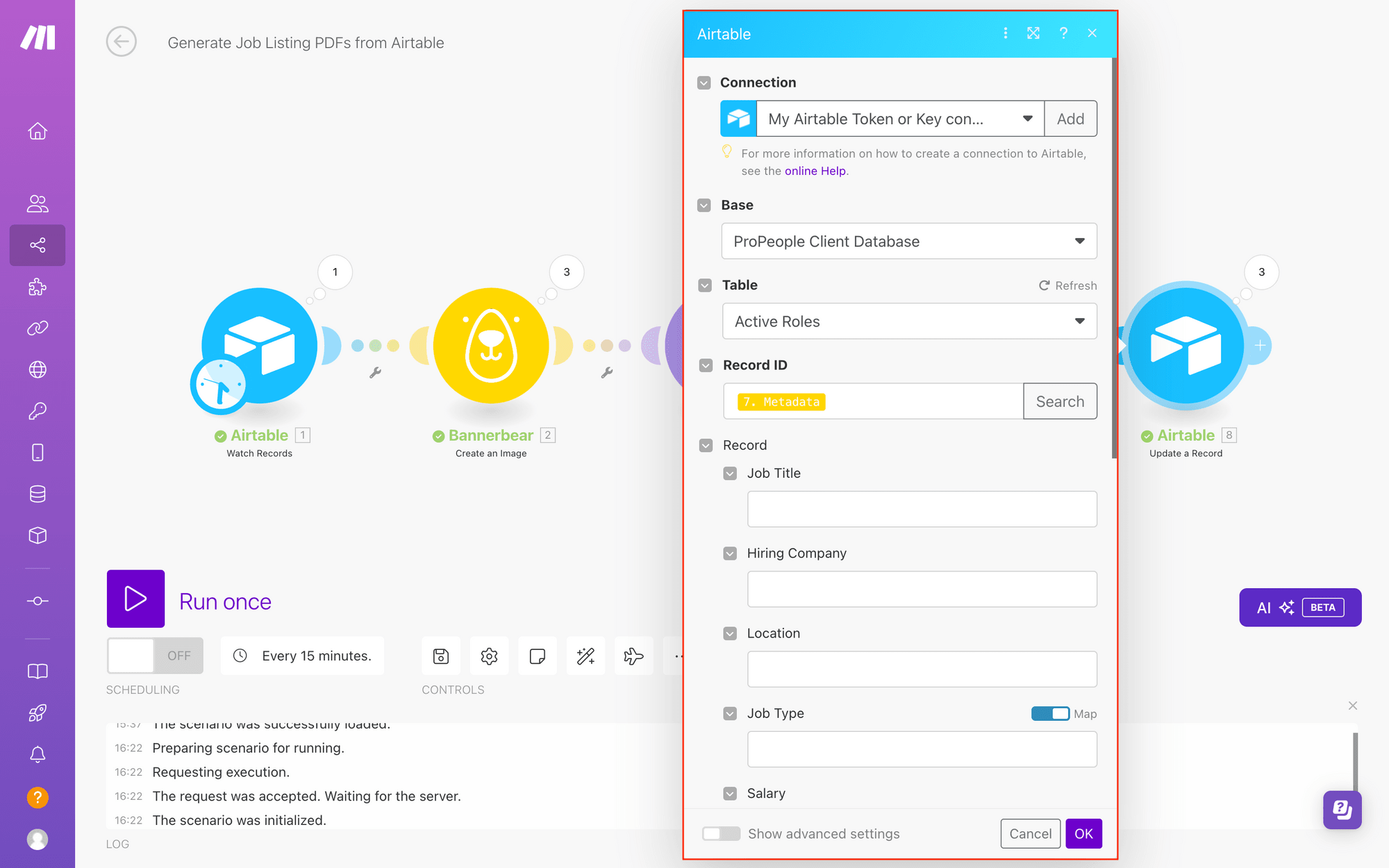 Screenshot of Make Airtable update a record module