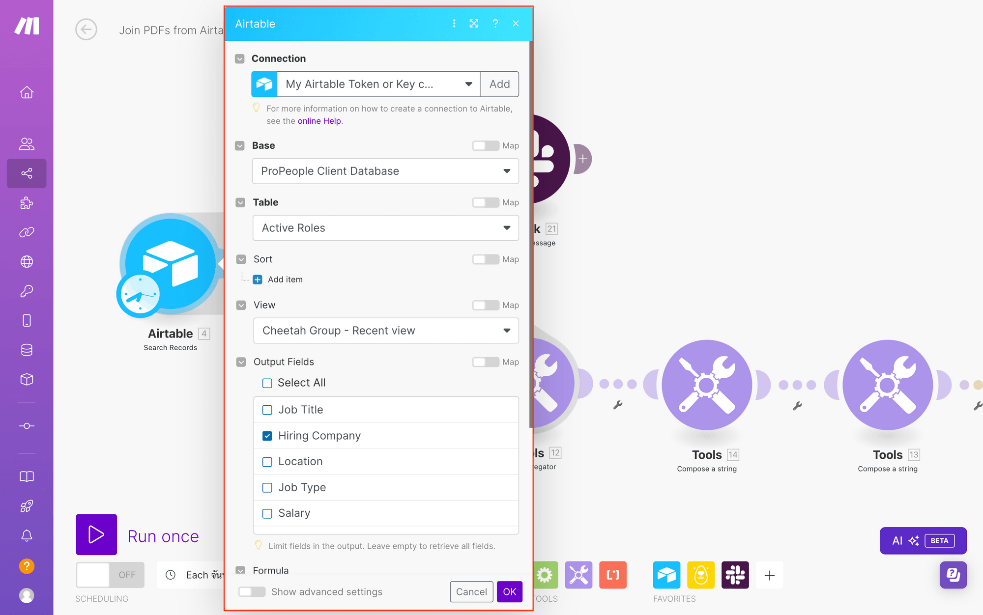 Screenshot of Make Airtable search records module