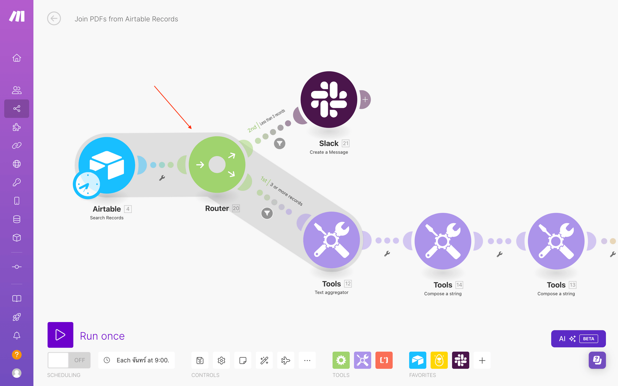 Screenshot of Make scenario with red arrow pointing to router