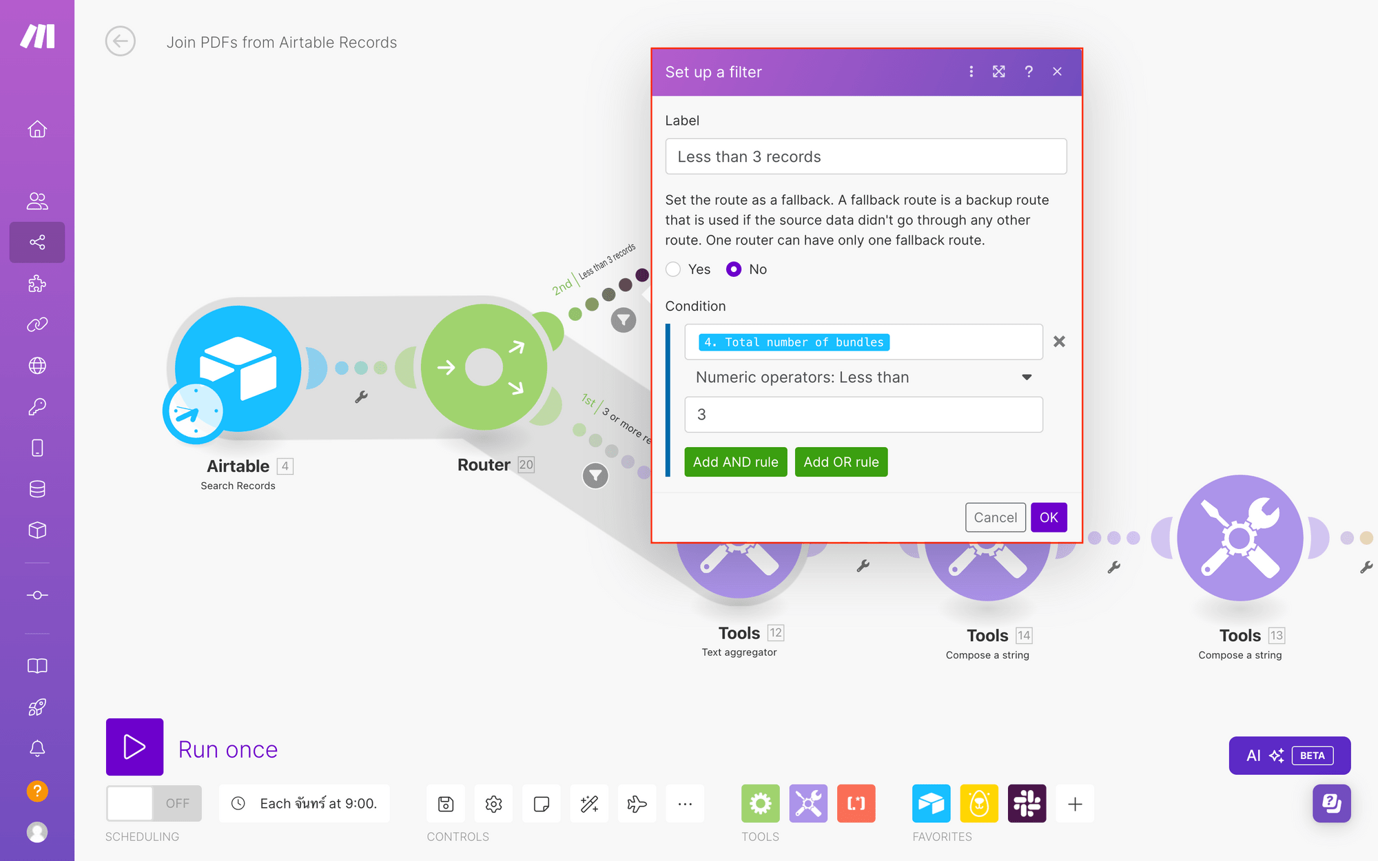 Screenshot of Make router with less than 3 records filter