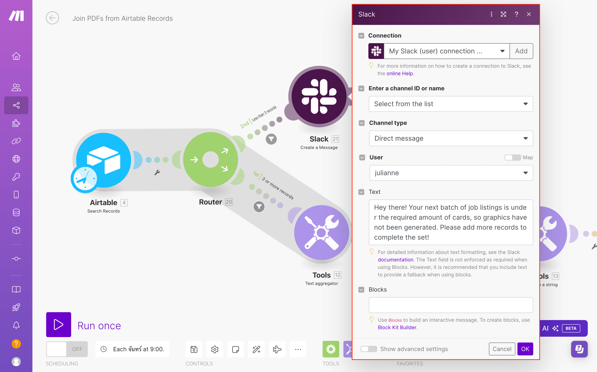 Screenshot of Make Slack create a message module