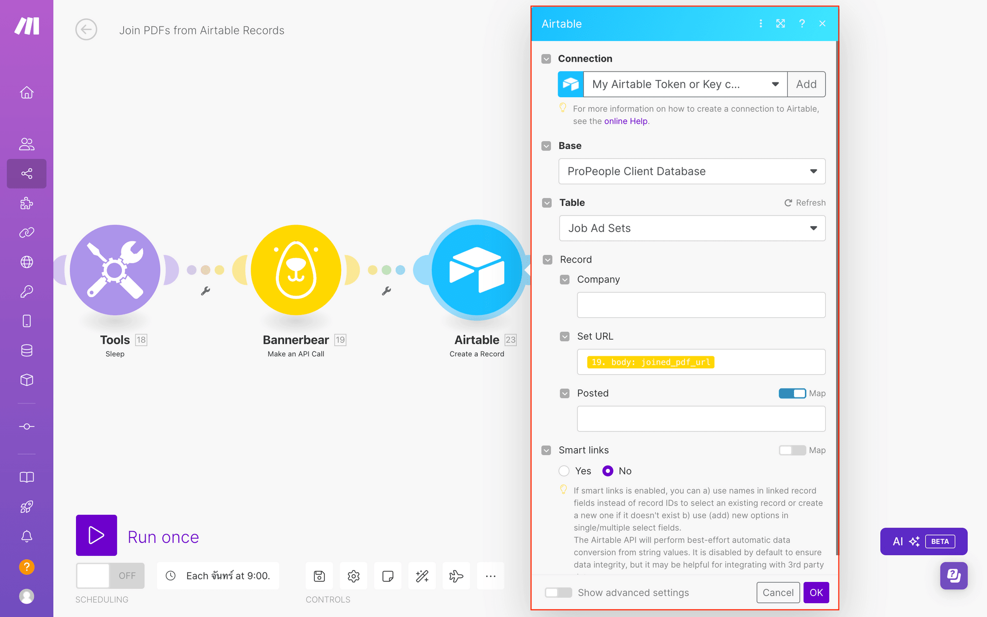 Screenshot of Make Airtable create a record module