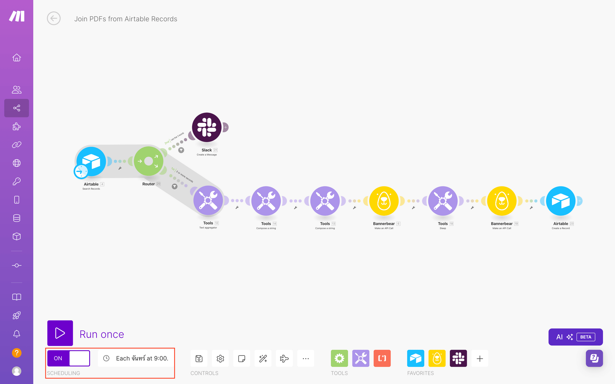 Screenshot of Make scenario with scheduling options outlined in red