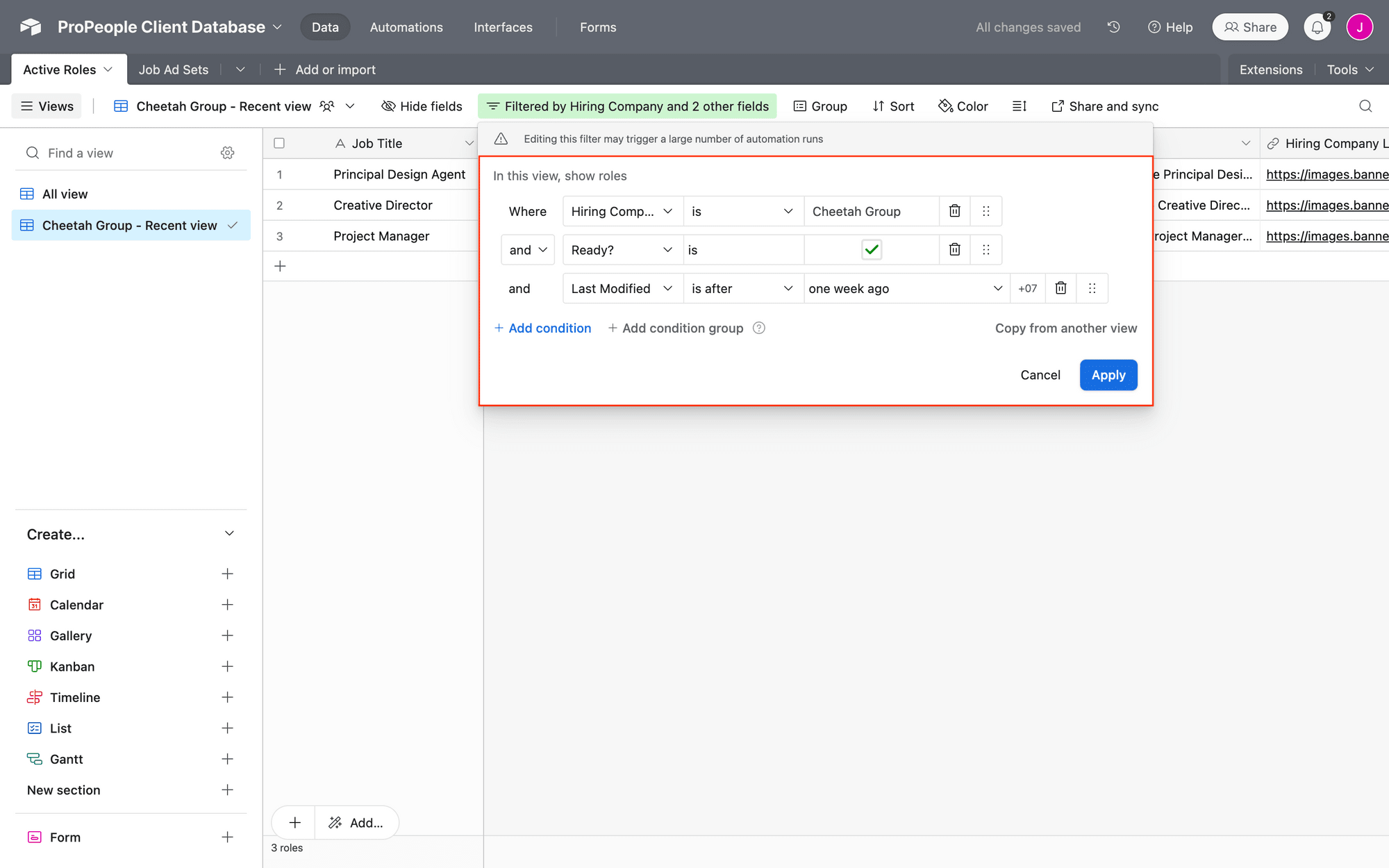 Screenshot of Airtable active roles table recent view with filters outlined in red