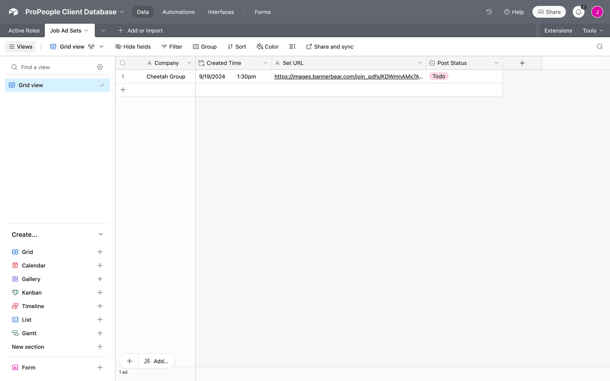 Screenshot of Airtable job ad sets table