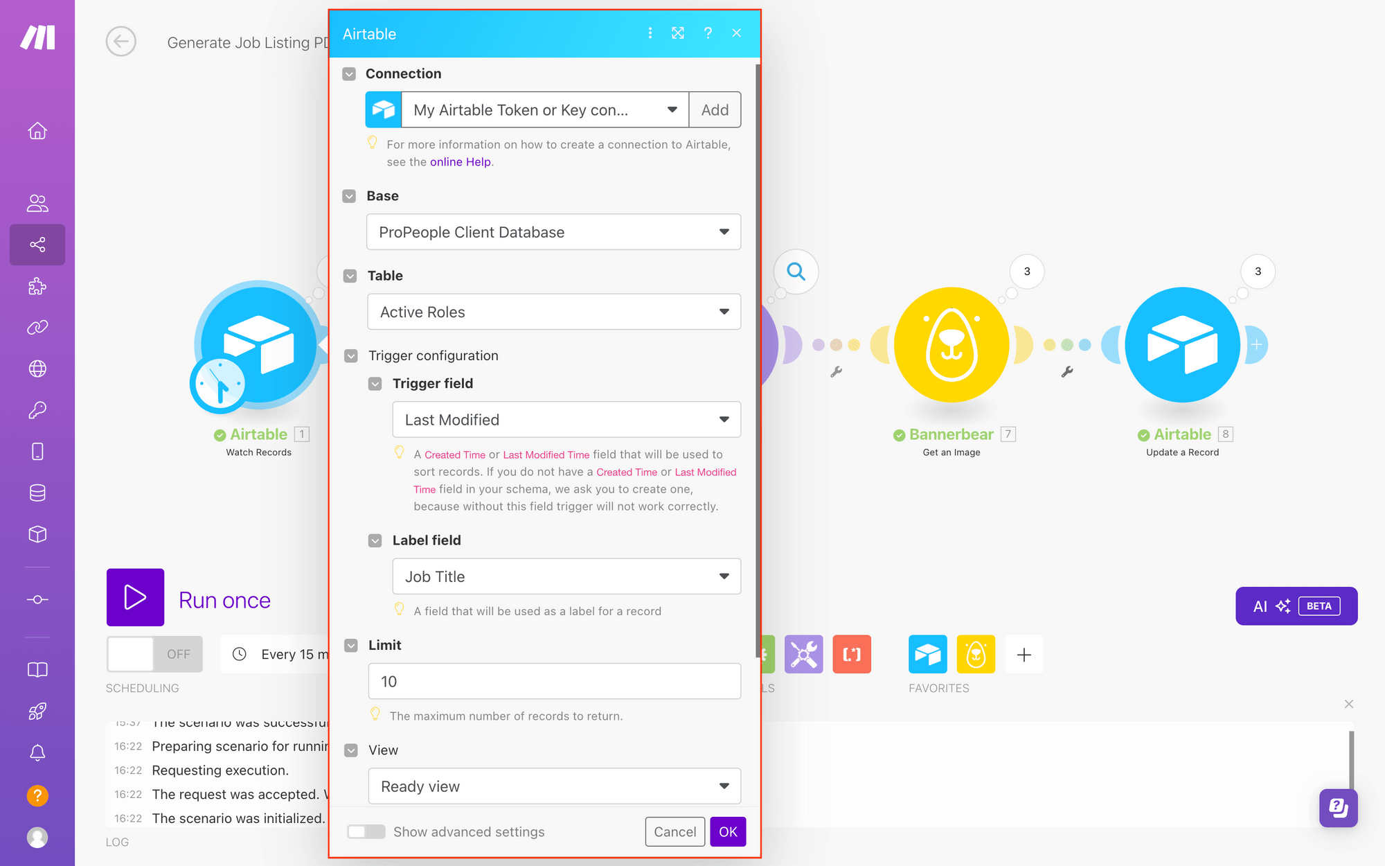 Screenshot of Make Airtable watch records module