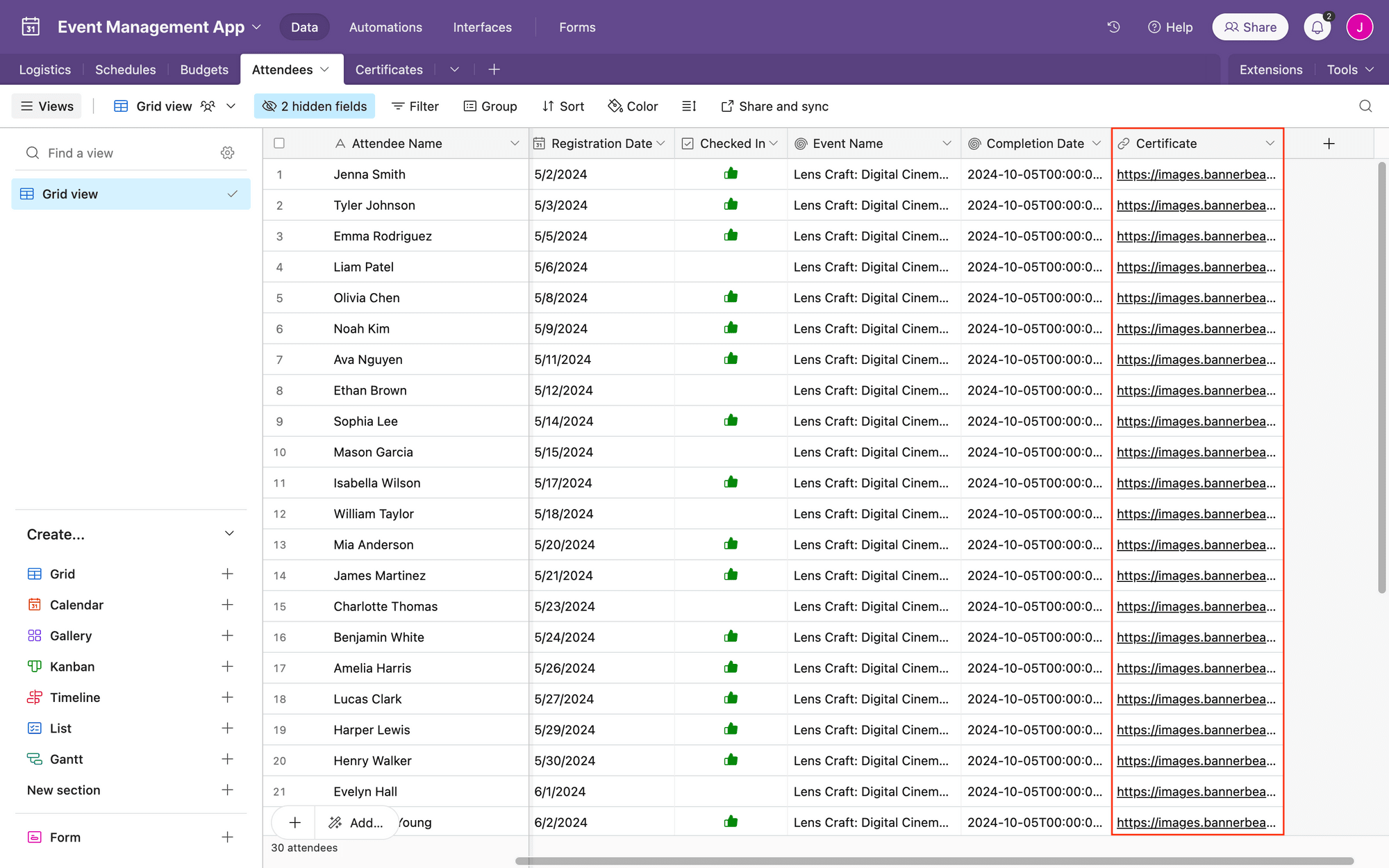 Screenshot of Airtable attendees table with certificate URLs outlined in red