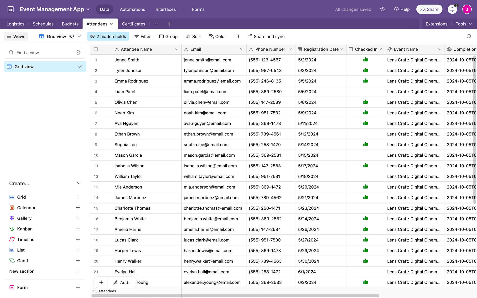 Screenshot of Airtable attendees table with sample data