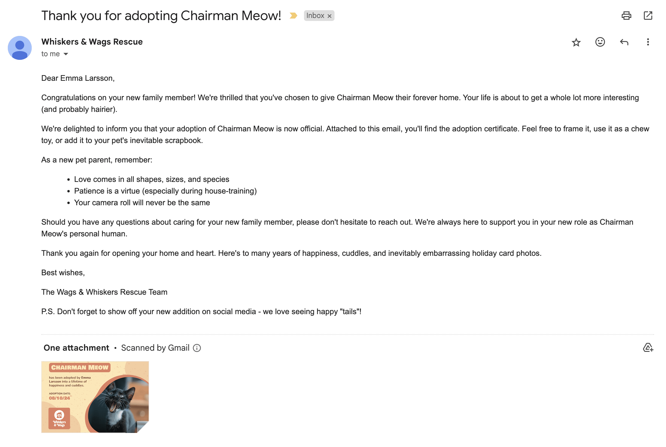 Screenshot of sample email with adoption certificate attached