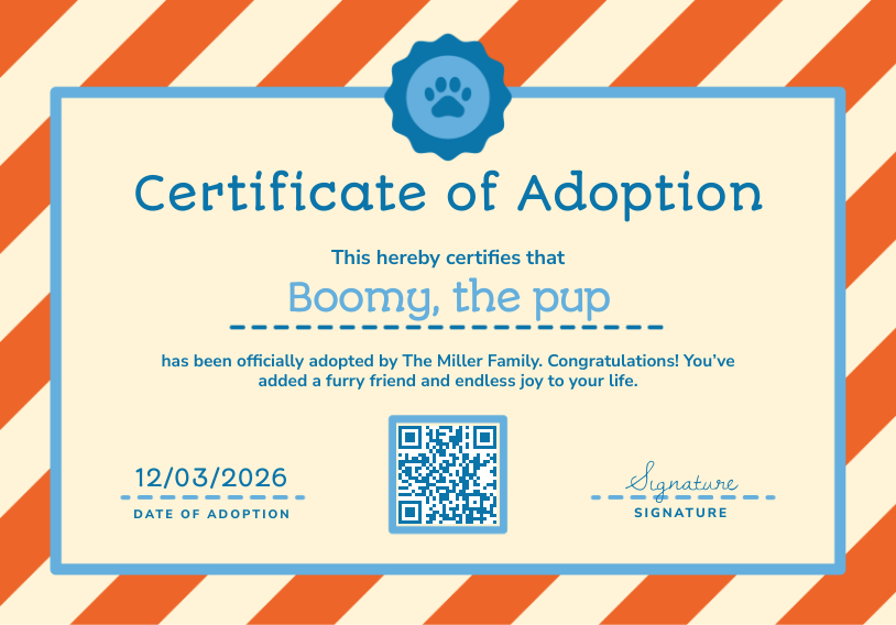 Bannerbear Orange Blue Stripes Cute Adoption Certificate template