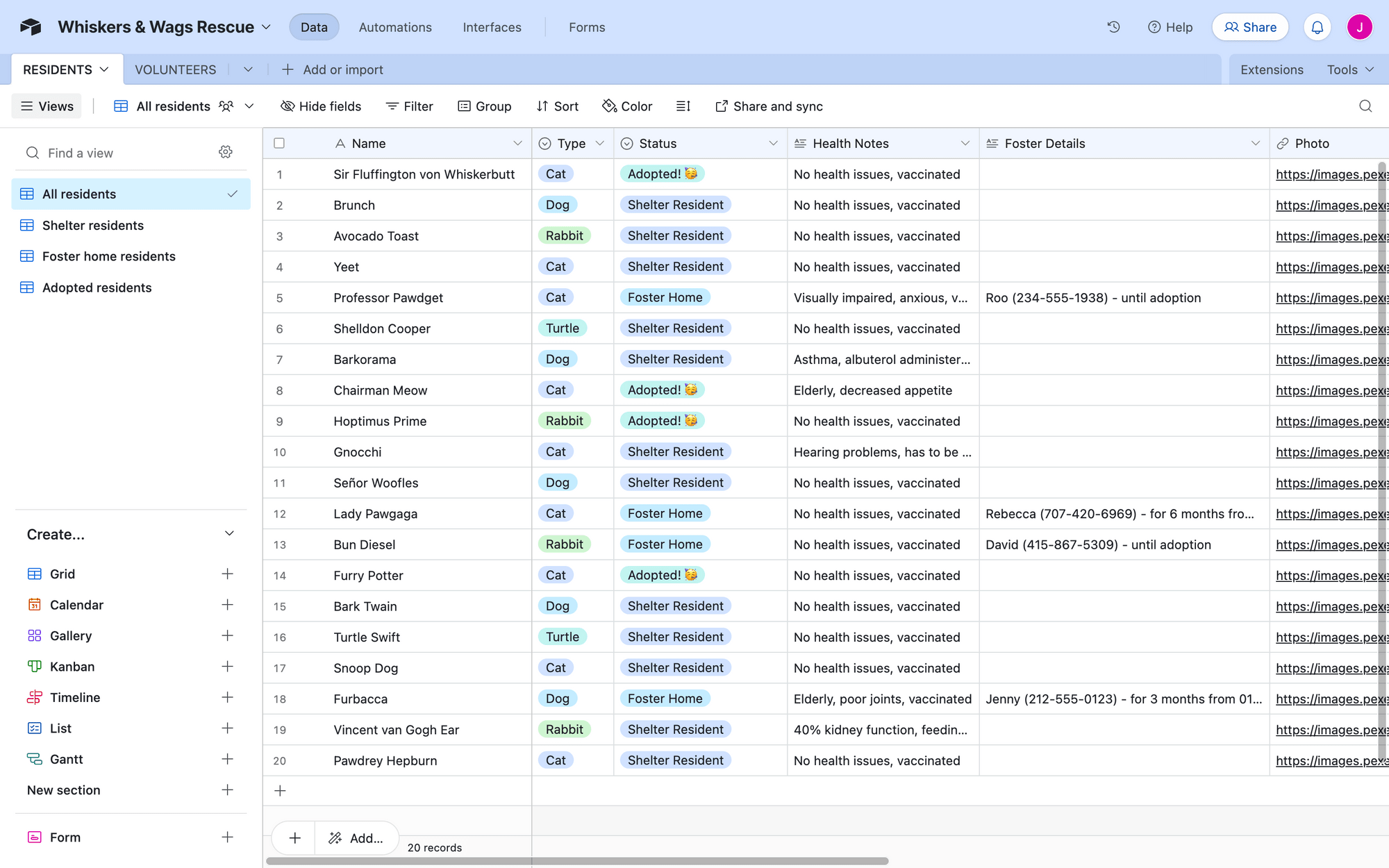 Screenshot of Airtable database with sample data