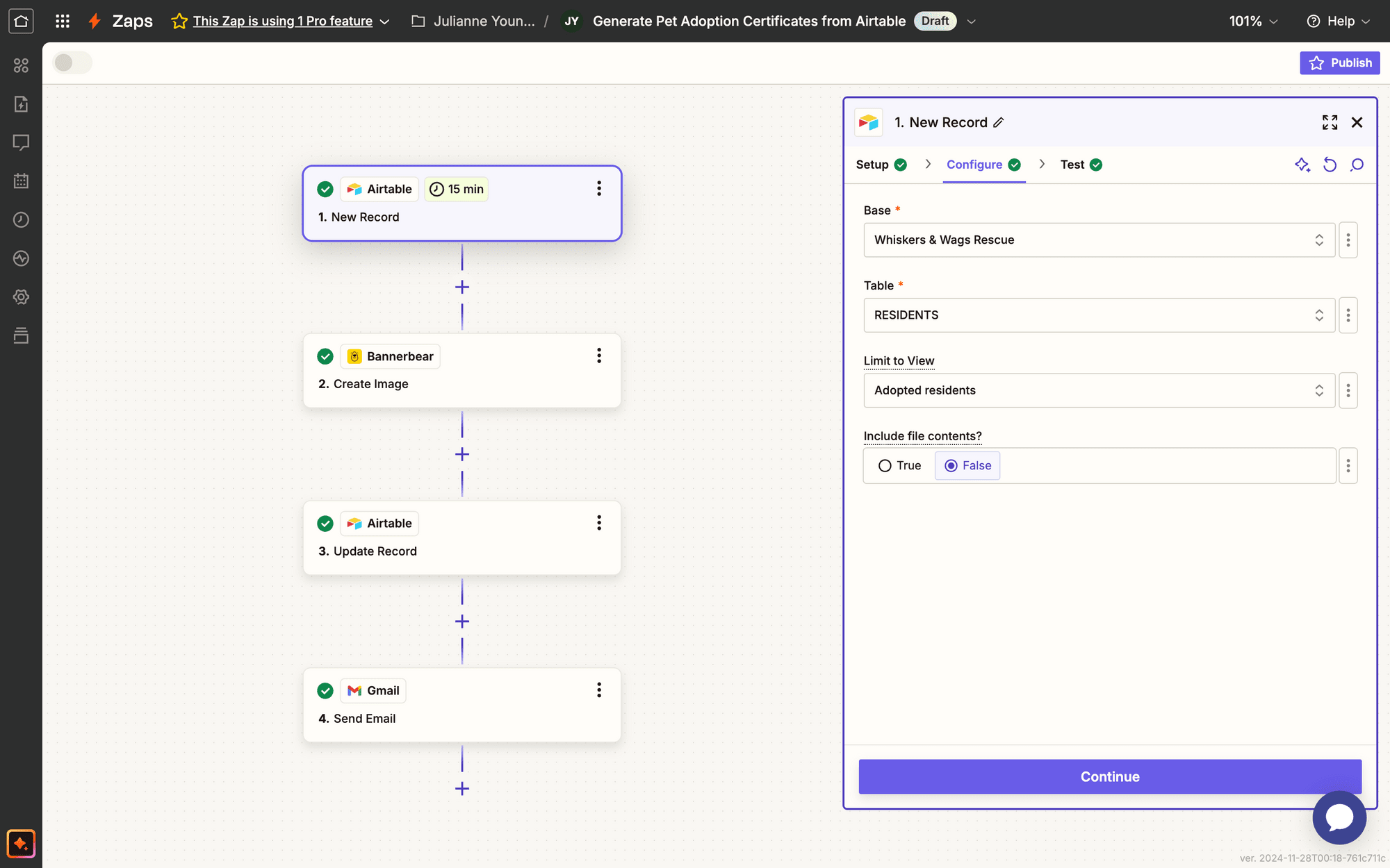 Screenshot of Zapier Airtable new record event