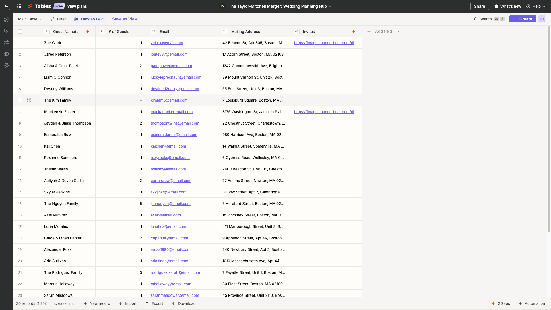 Screenshot of Zapier Table populated with sample data