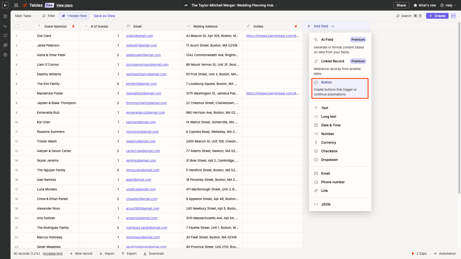 Screenshot of Zapier Table with button field outlined in red