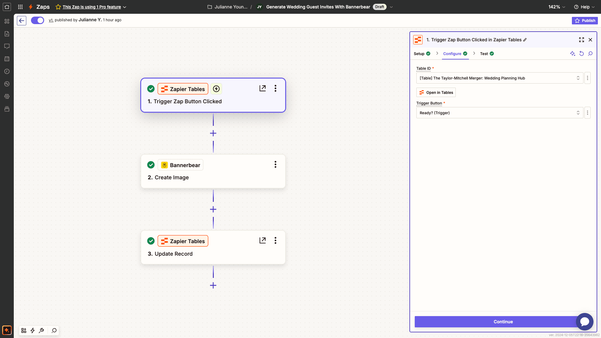 Screenshot of Zapier tables button trigger