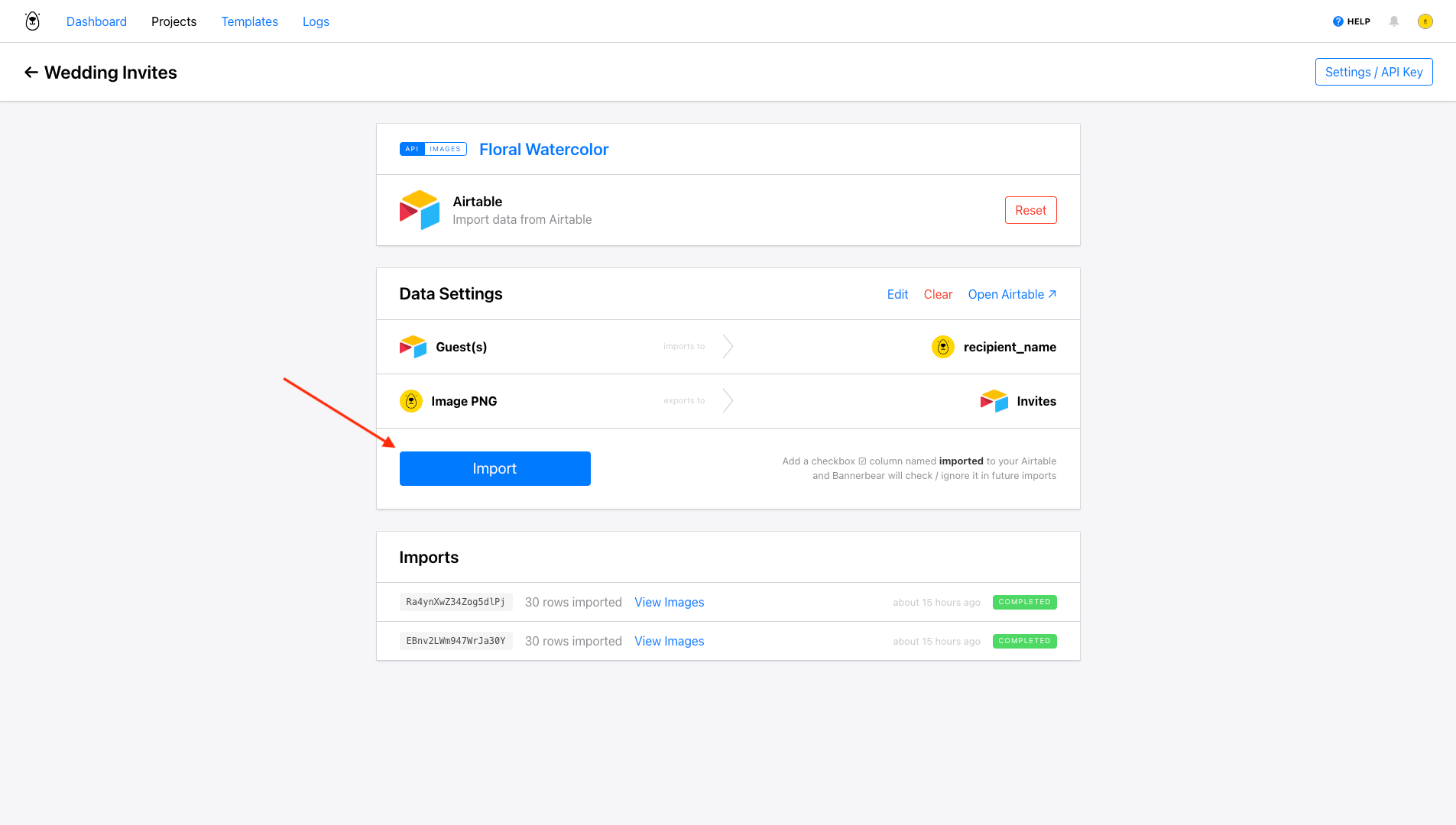 Screenshot of Bannerbear Airtable integration data settings with red arrow pointing to import