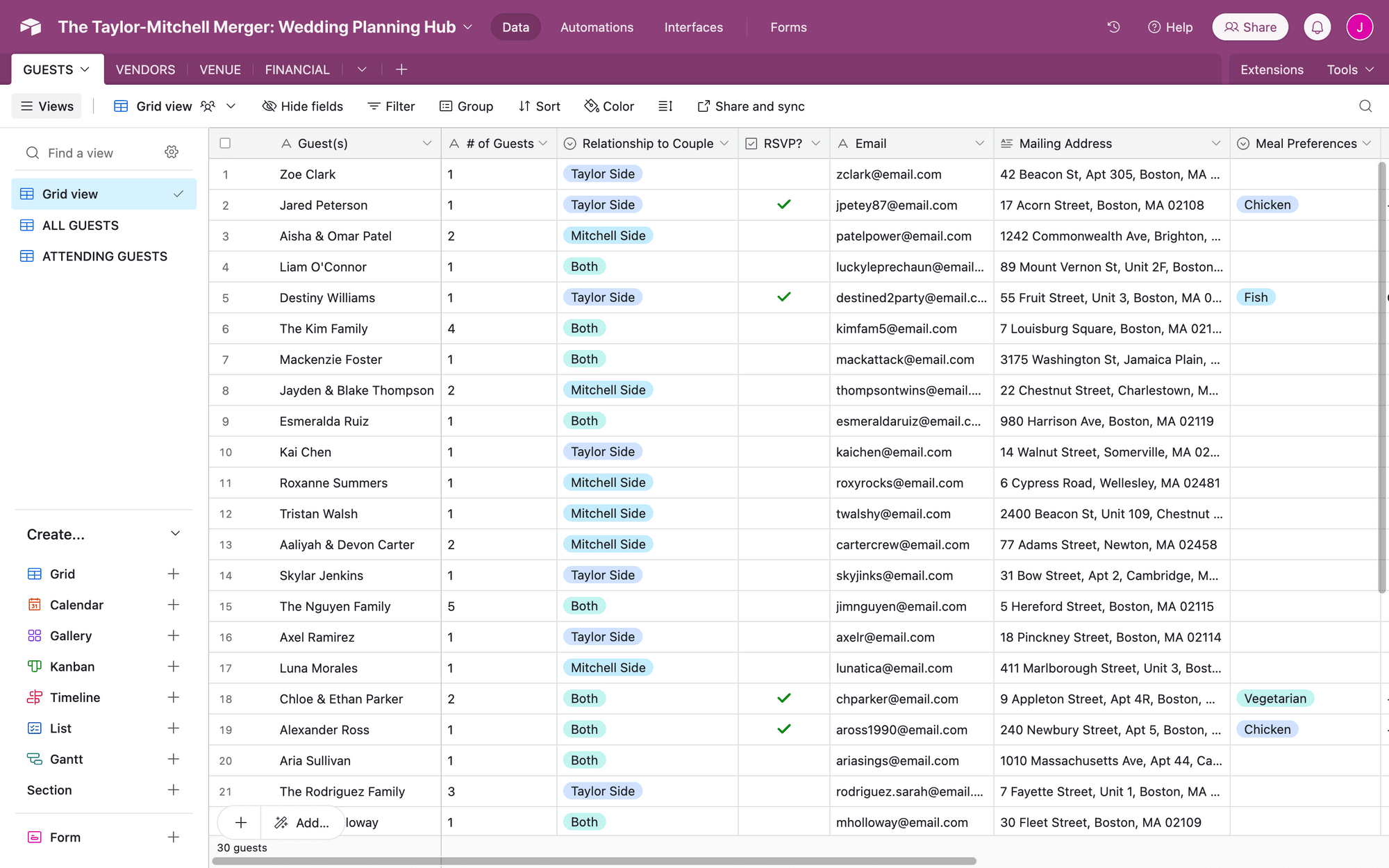 Screenshot of sample Airtable database