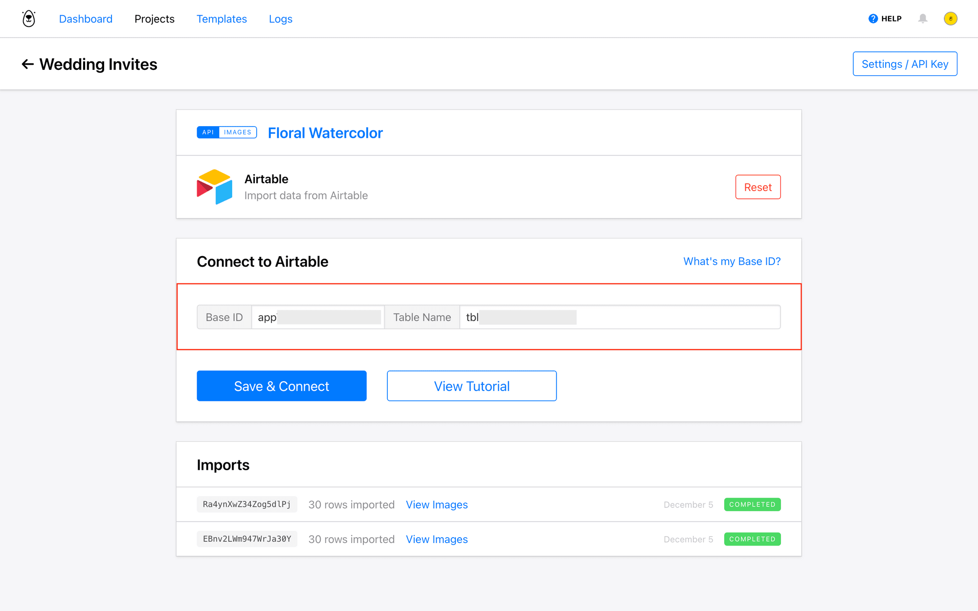 Screenshot of Bannerbear Airtable integration with base id and table name outlined in red