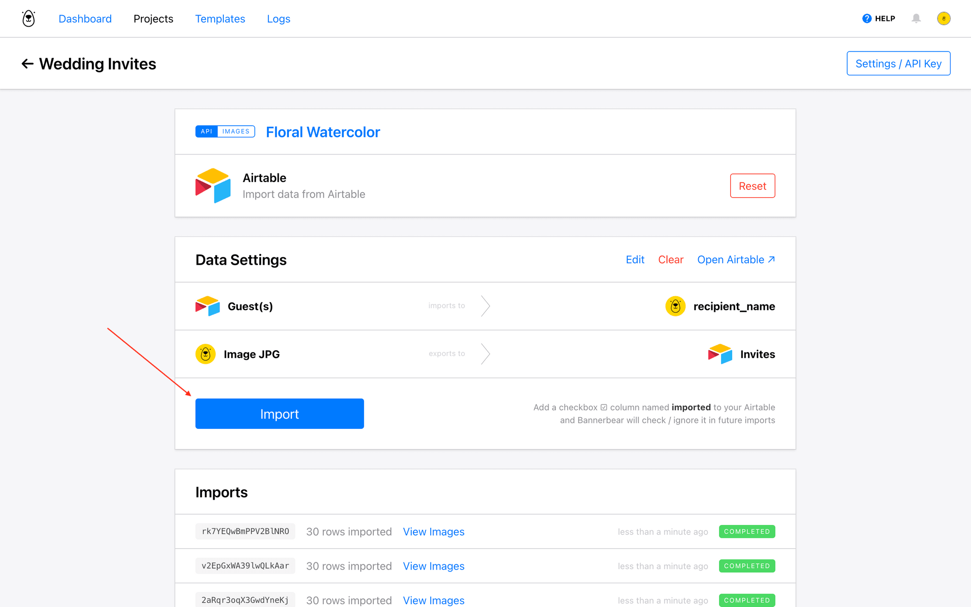 Screenshot of Bannerbear Airtable integration with red arrow pointing to import