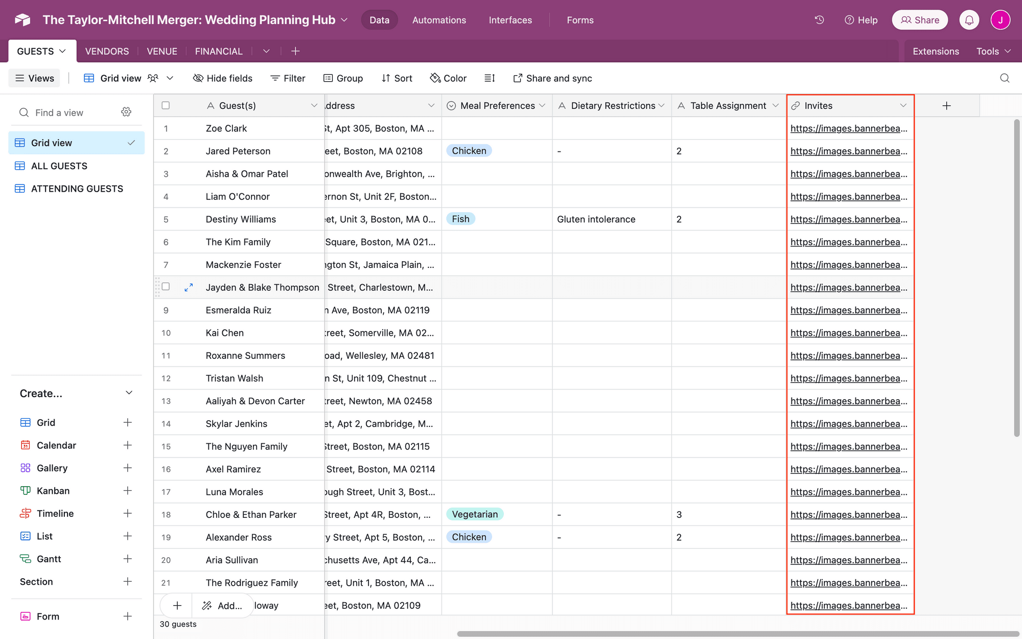 Screenshot of Airtable base with generated invite field outlined in red