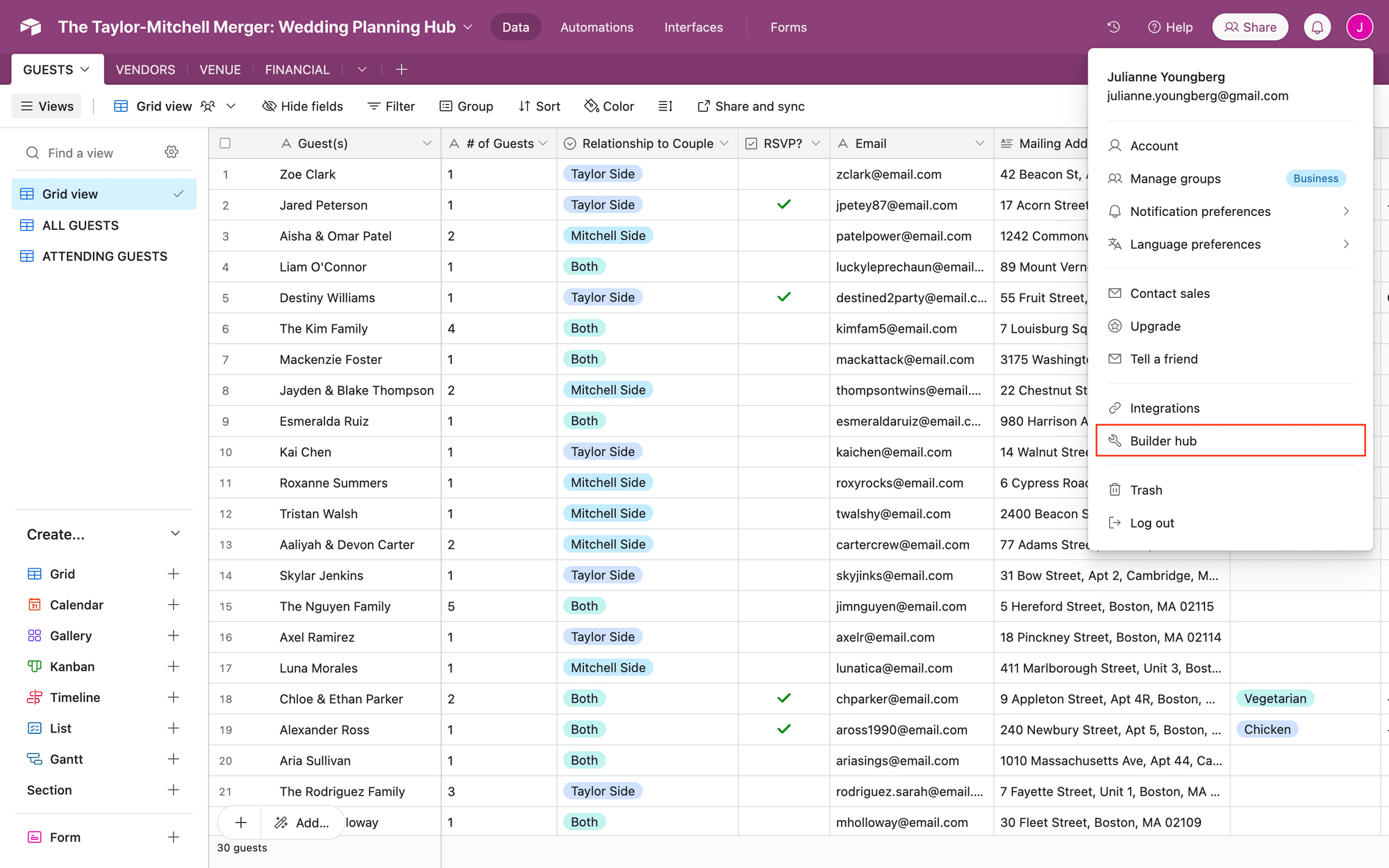 Screenshot of Airtable base with builder hub outlined in red