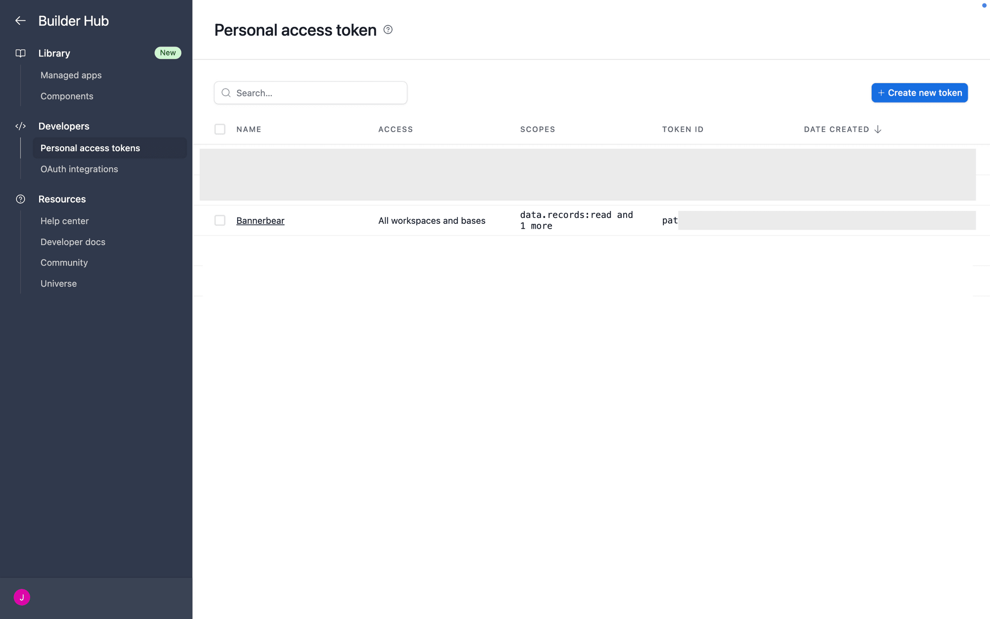 Screenshot of Airtable builder hub personal access token page