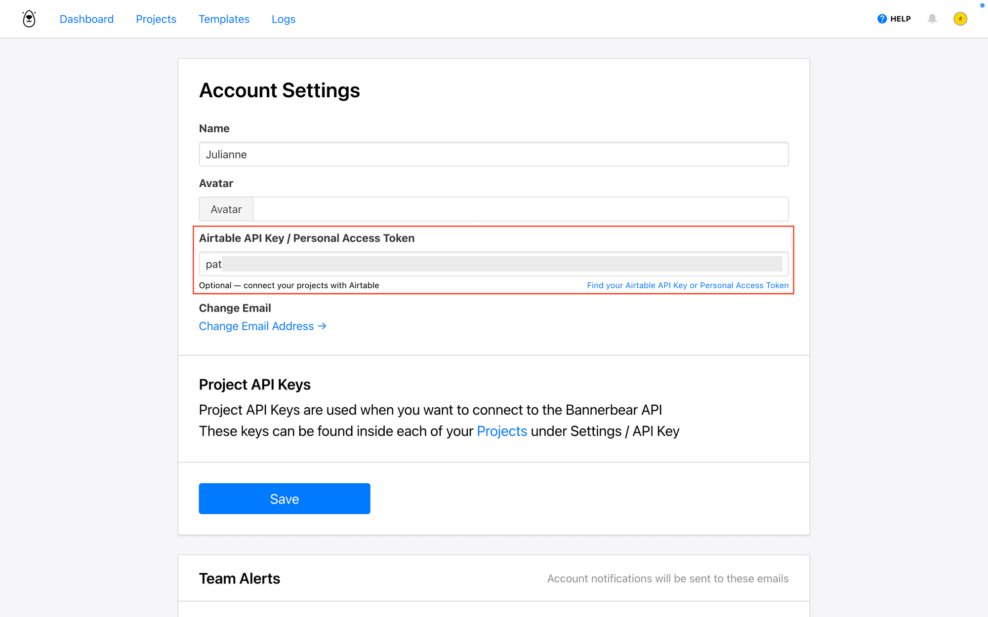 Screenshot of Bannerbear account settings with Airtable api key / personal access token outlined in red