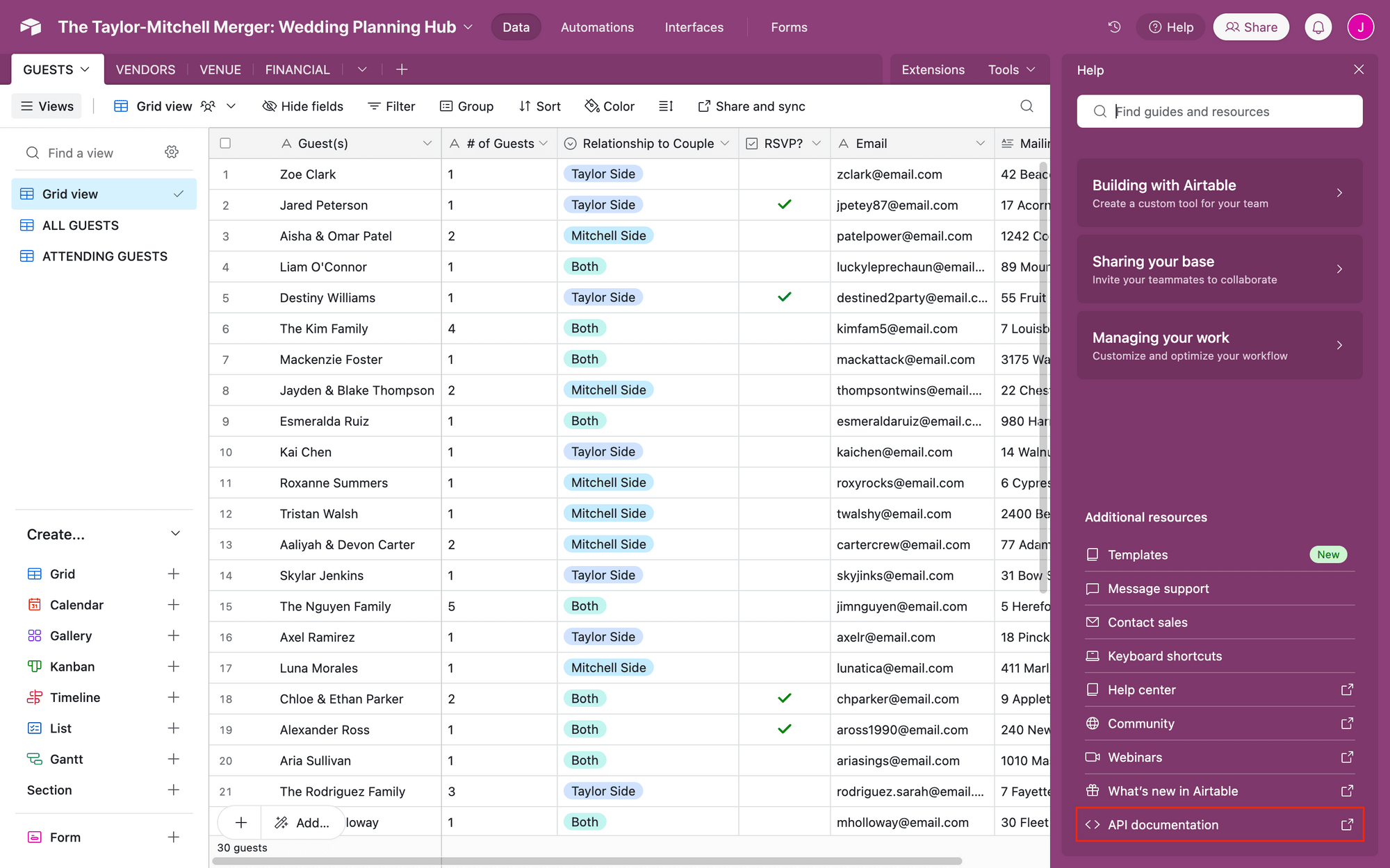 Screenshot of Airtable base with api documentation button outlined in red