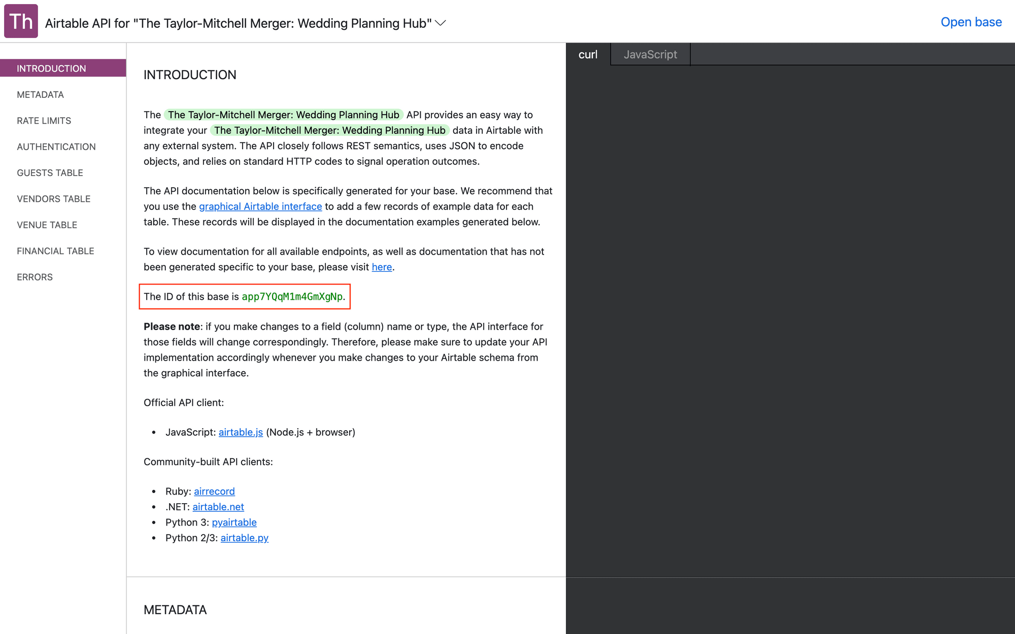 Screenshot of Airtable api documentation with base id outlined in red
