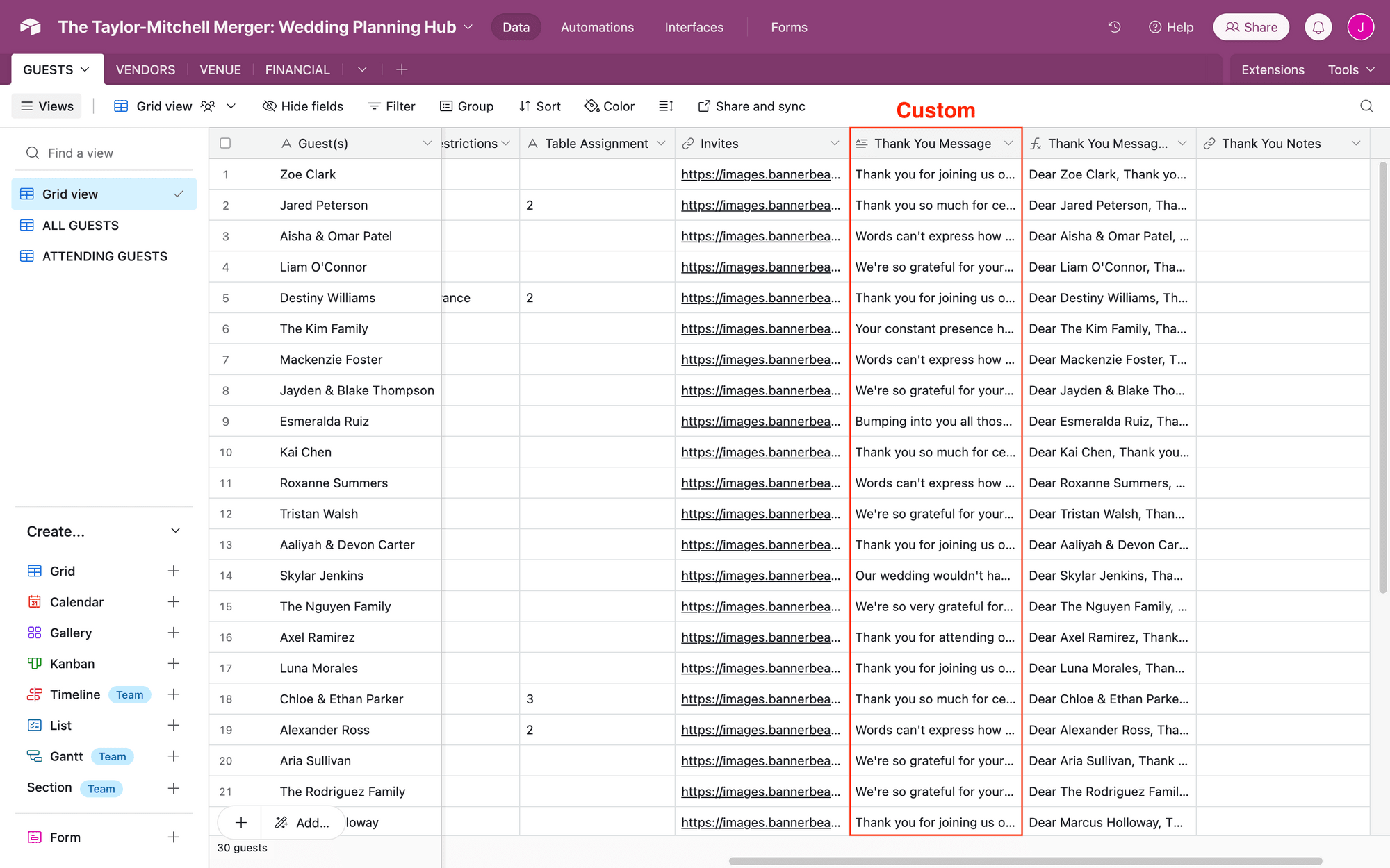 Screenshot of Airtable base with custom messages outlined in red