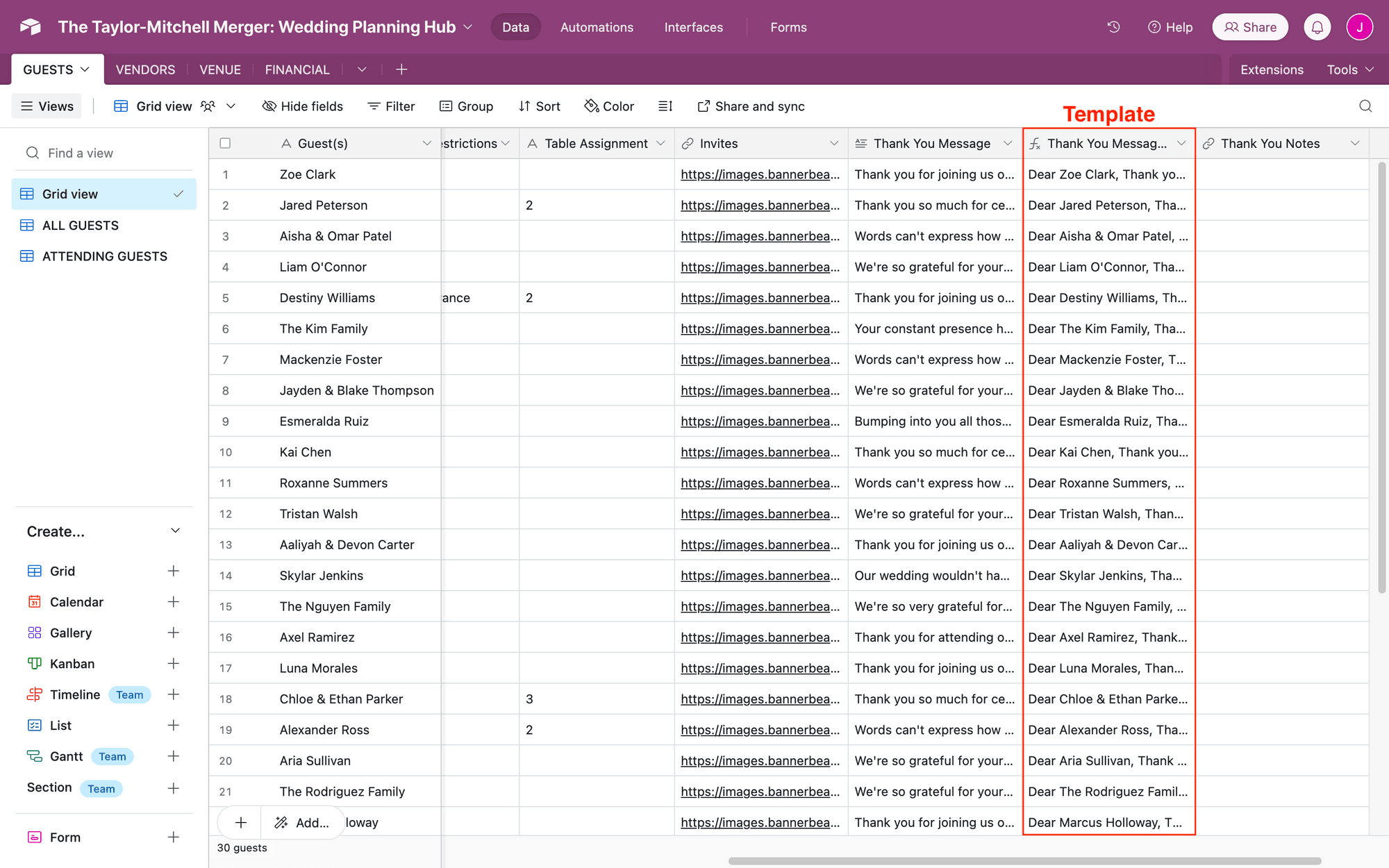 Screenshot of Airtable base with template messages outlined in red