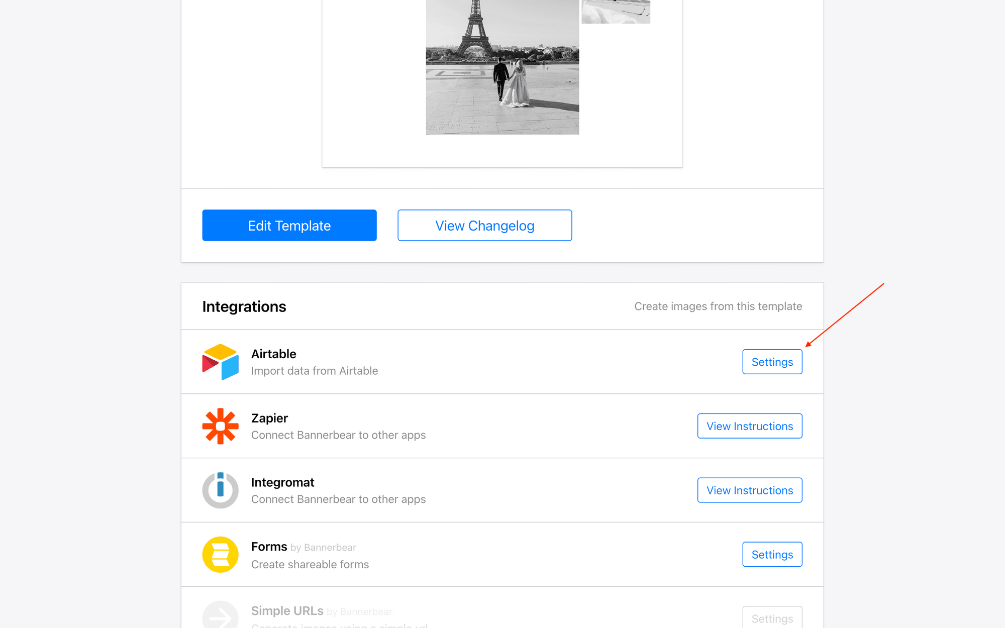 Screenshot of Bannerbear template page with arrow pointing to Airtable integration button