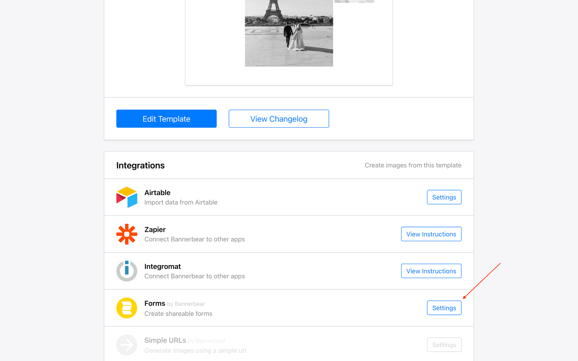 Screenshot of Bannerbear template page with red arrow pointing to forms integration