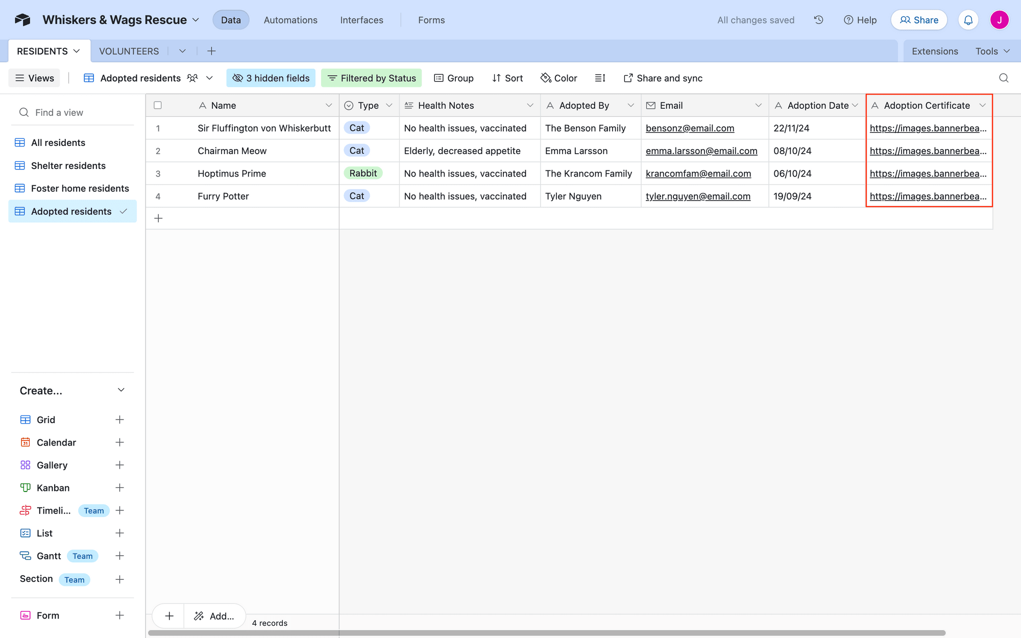 Screenshot of Airtable base with adoption certificate field outlined in red