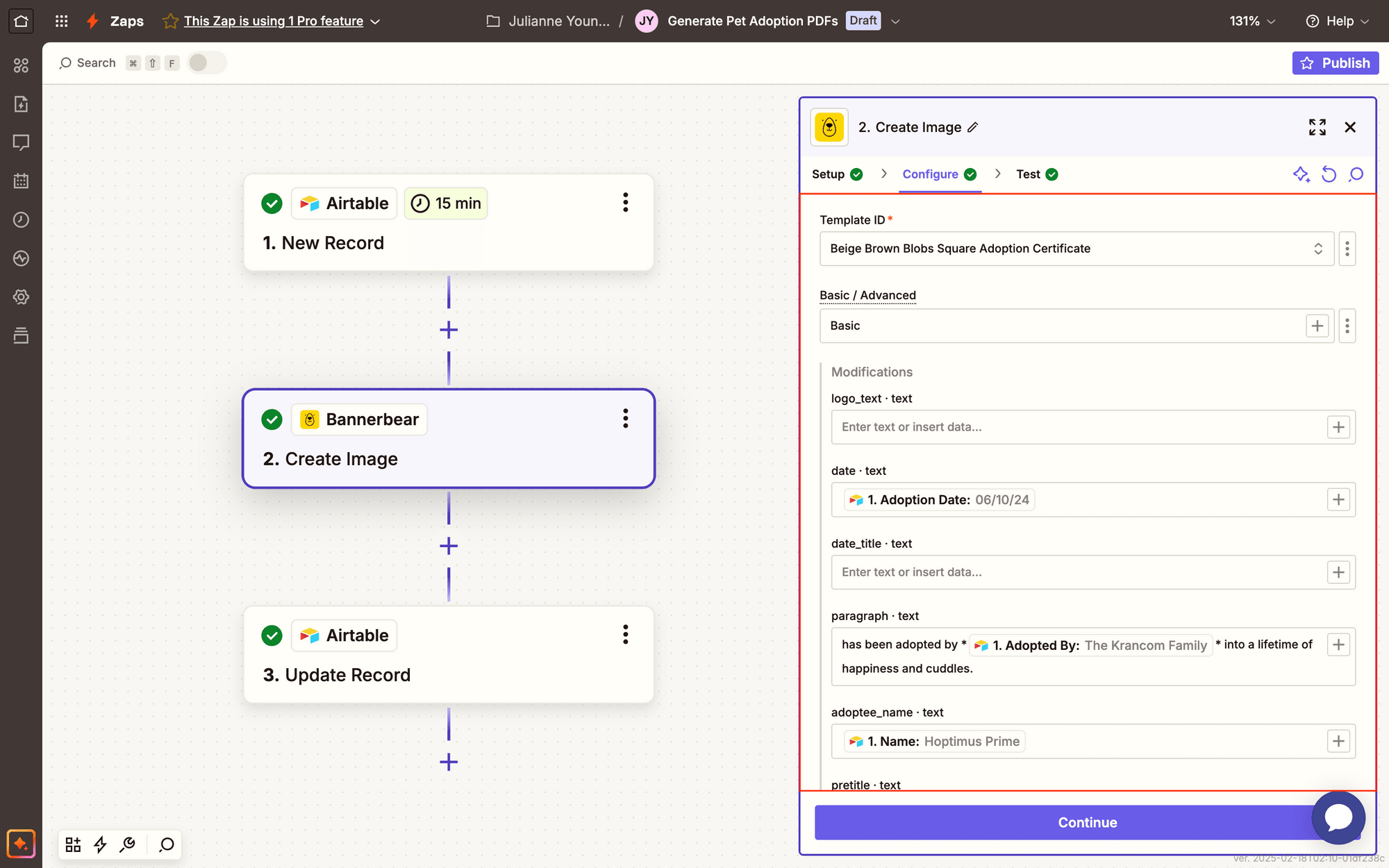 Screenshot of Zapier Bannerbear create image event setup