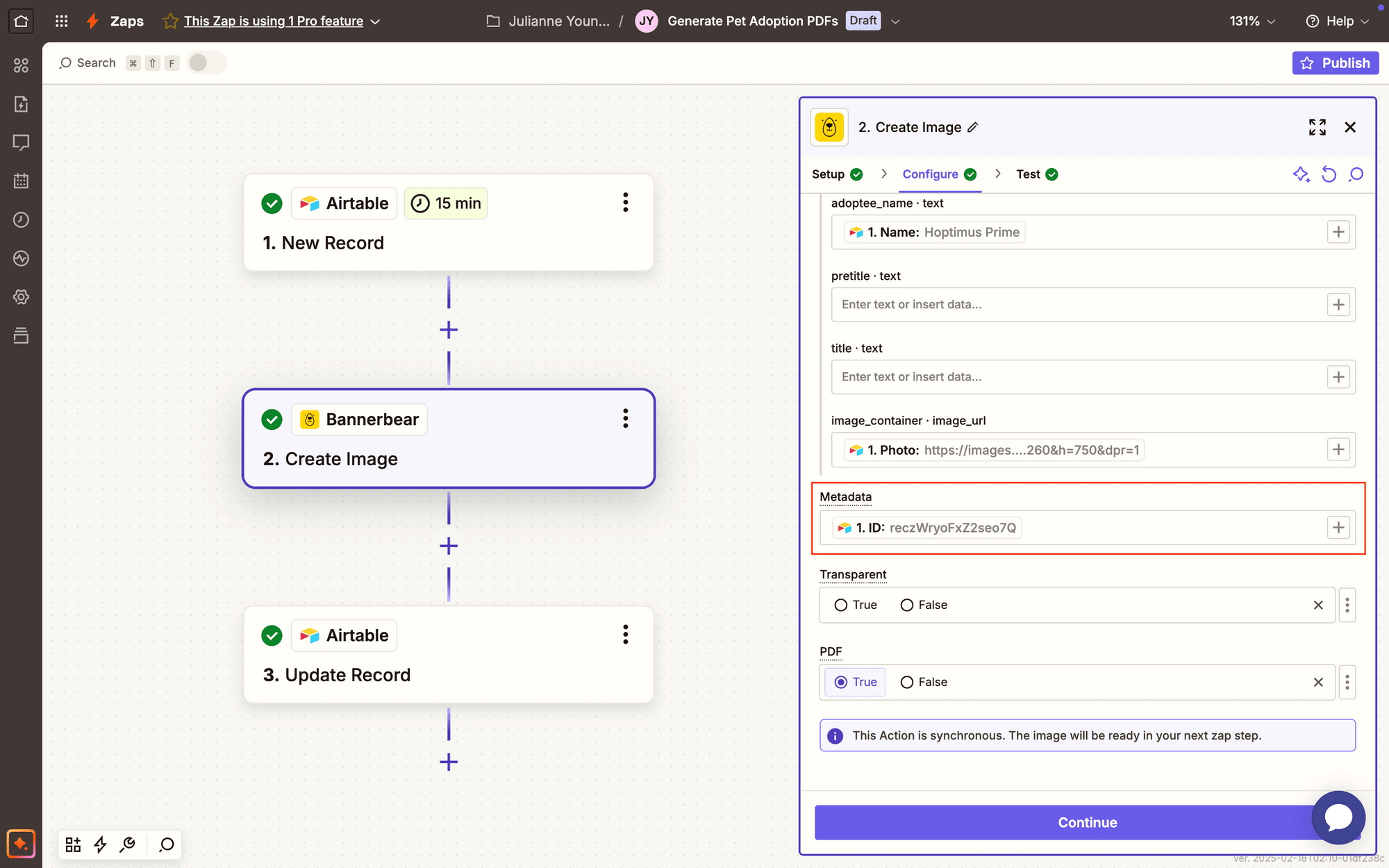 Screenshot of Zapier Bannerbear create image event setup with metadata outlined in red