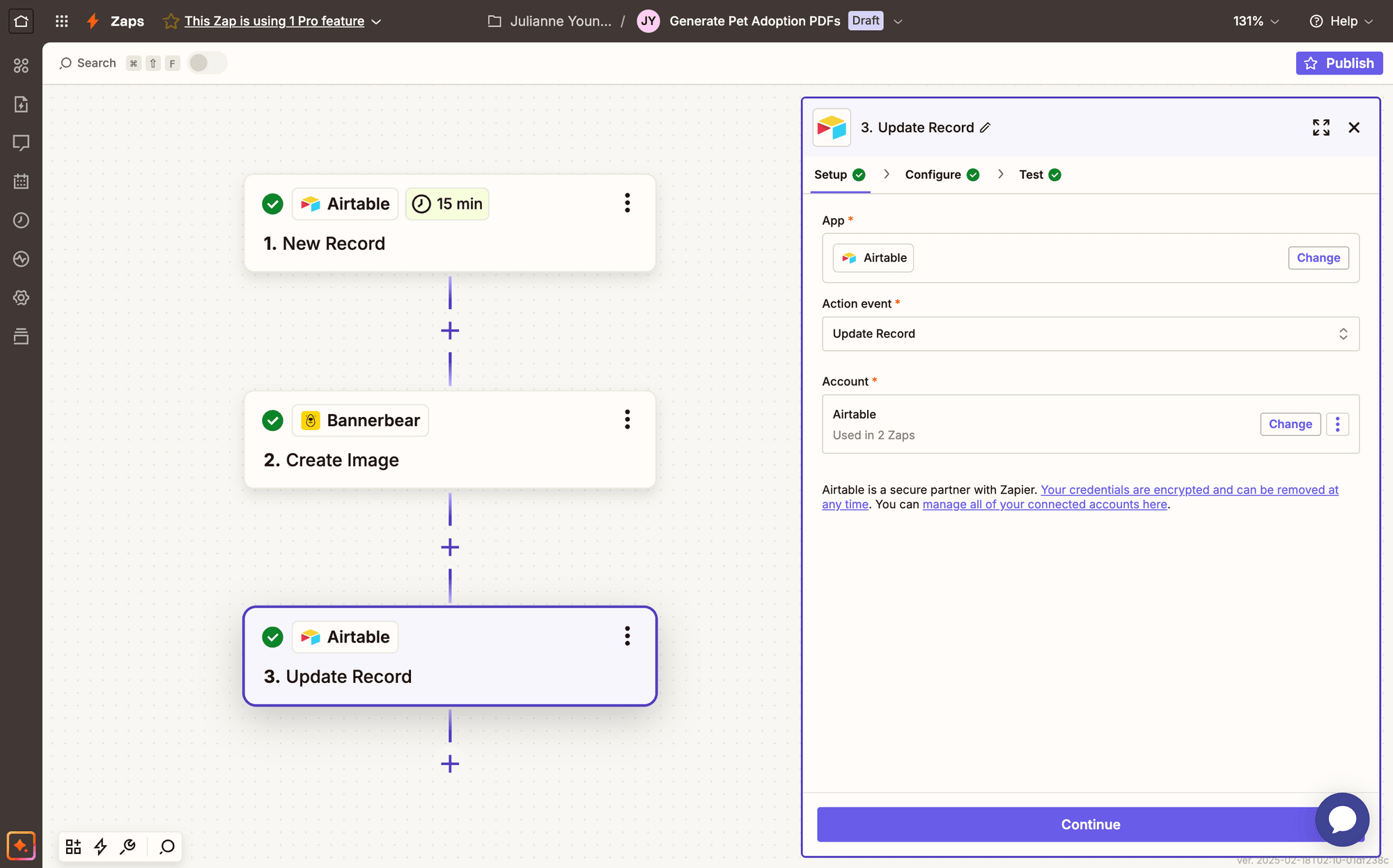 Screenshot of Zapier Airtable update record event