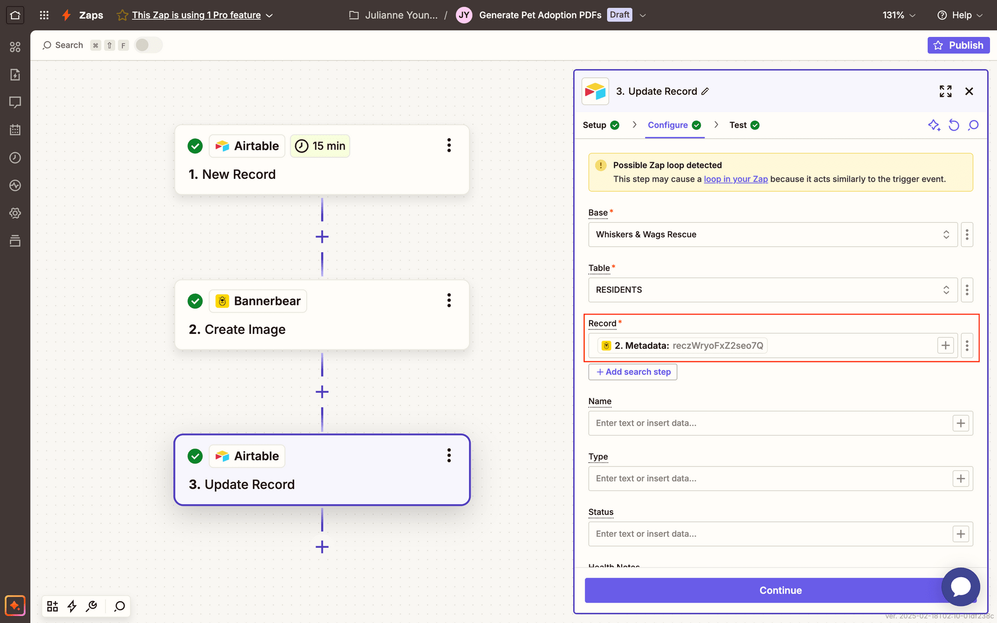 Screenshot of Zapier Airtable update record event setup with record outlined in red