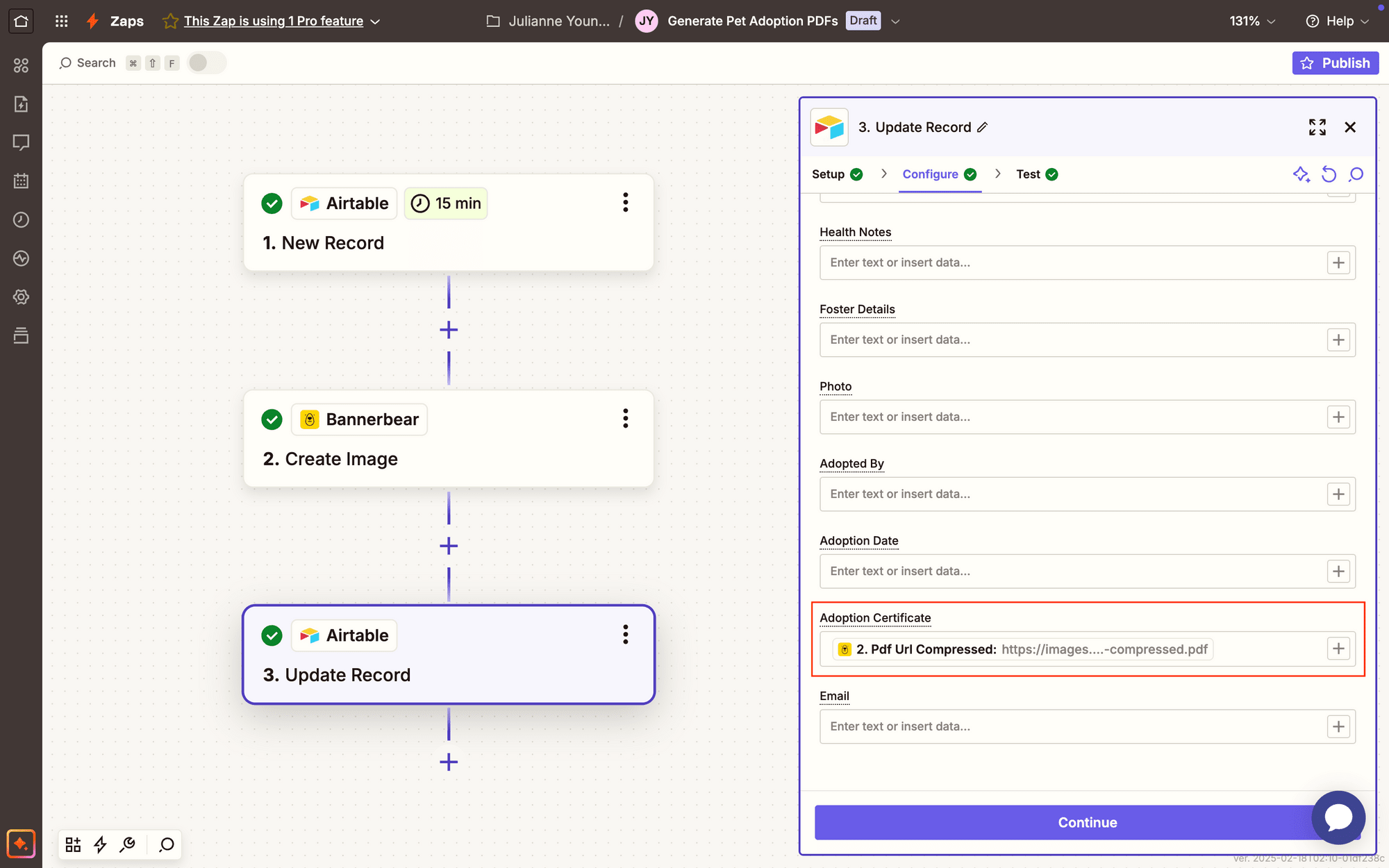 Screenshot of Zapier Airtable update record setup with adoption certificate outlined in red